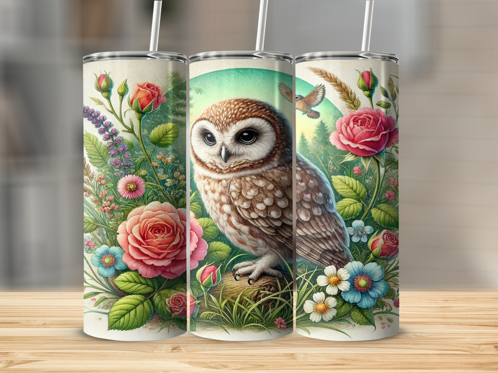 Owl and Floral Patterned Tumbler with Straw
