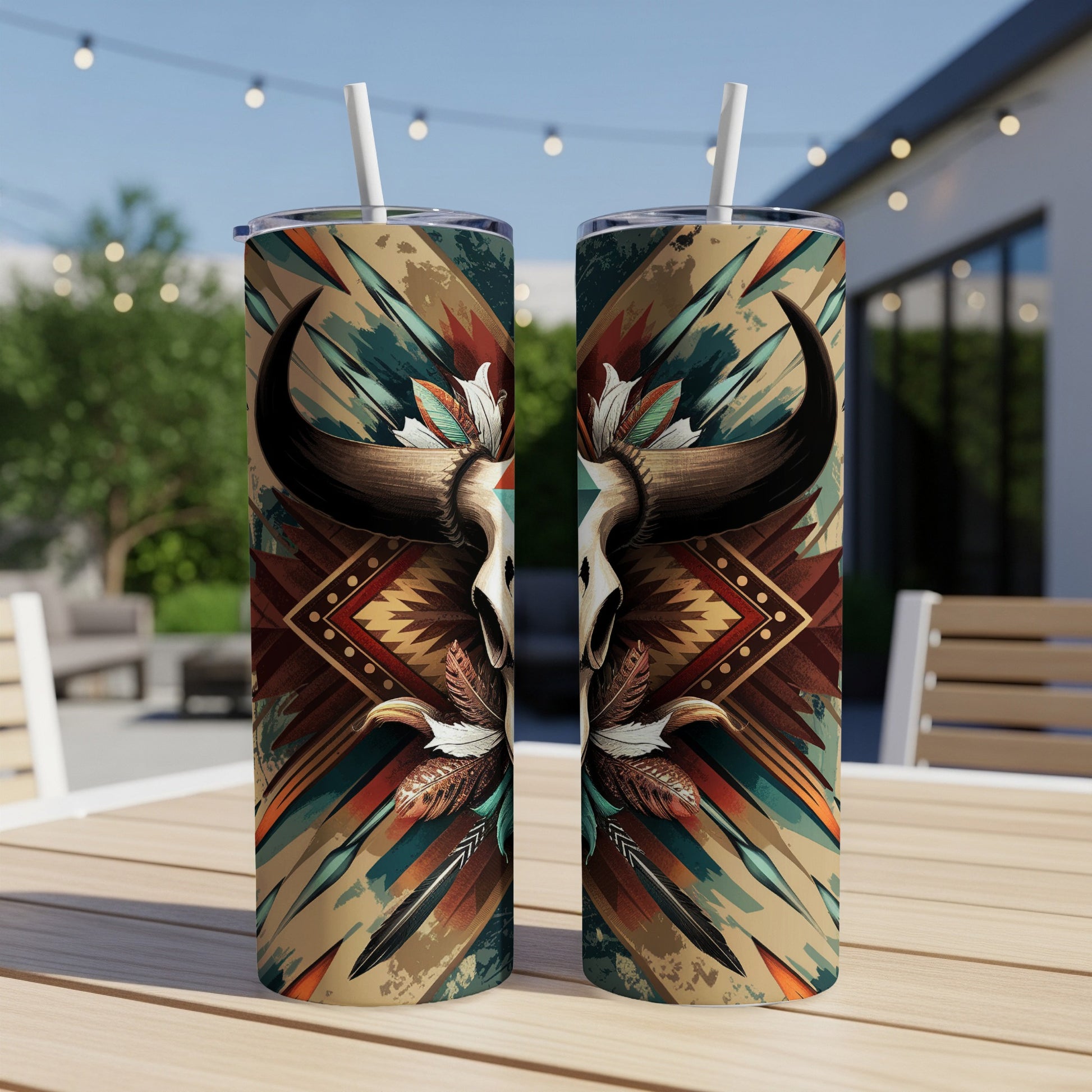 Native American-inspired buffalo skull and feather design on two tumblers.