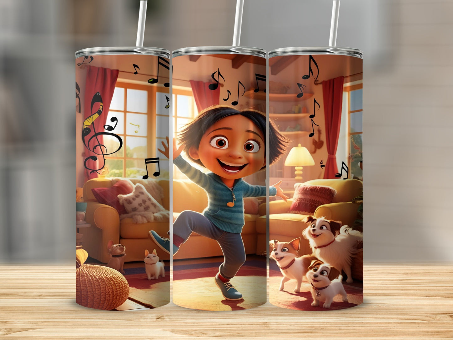 Animated girl dancing with dogs in a living room, musical notes.