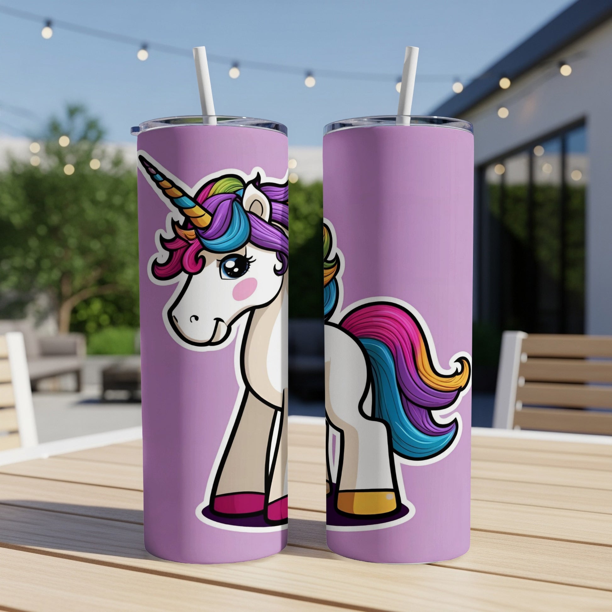 Two tumblers with a colorful unicorn design on a purple background.