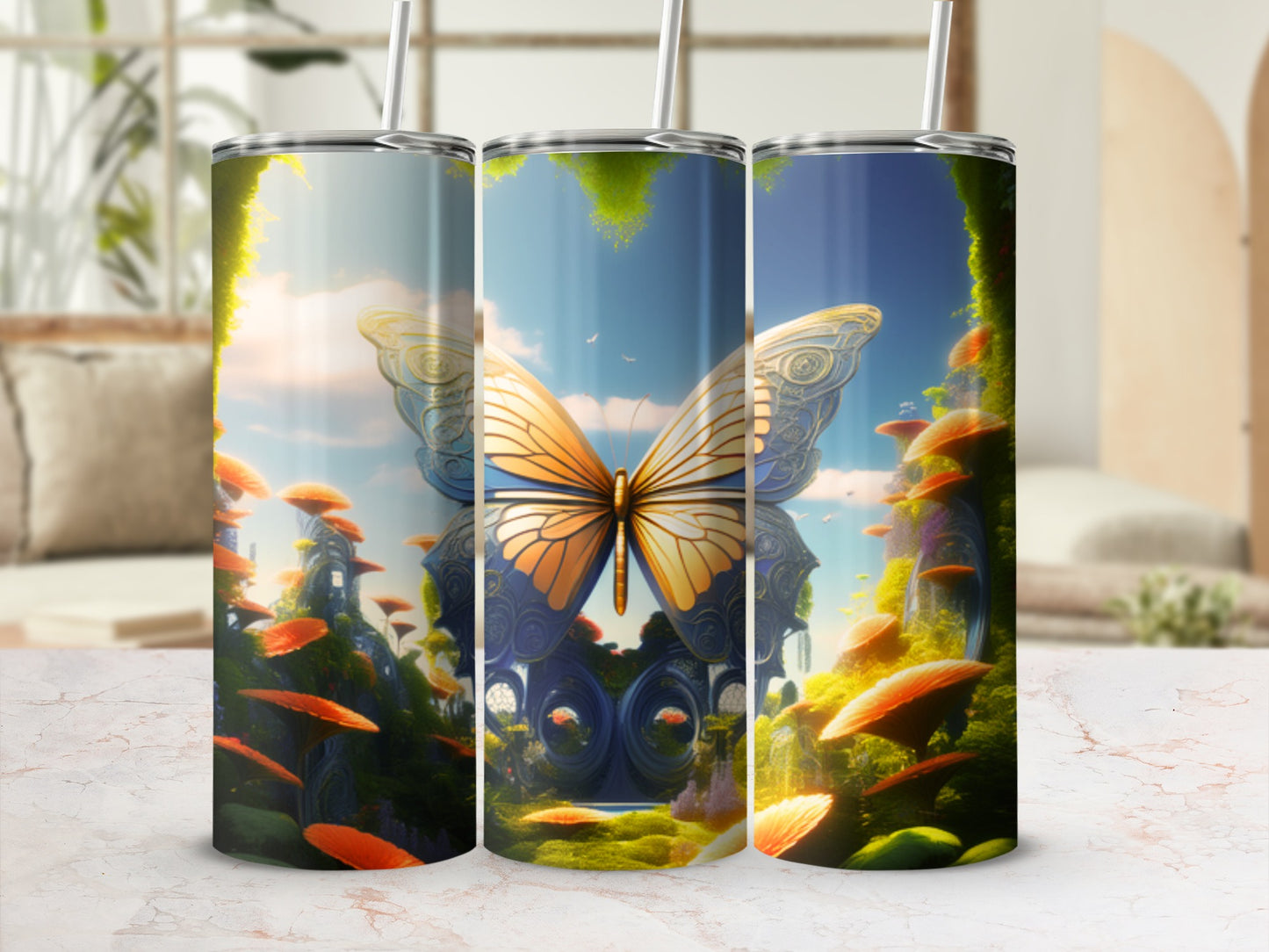 Fantasy art tumbler with butterfly, glowing mushrooms, and ethereal landscape.