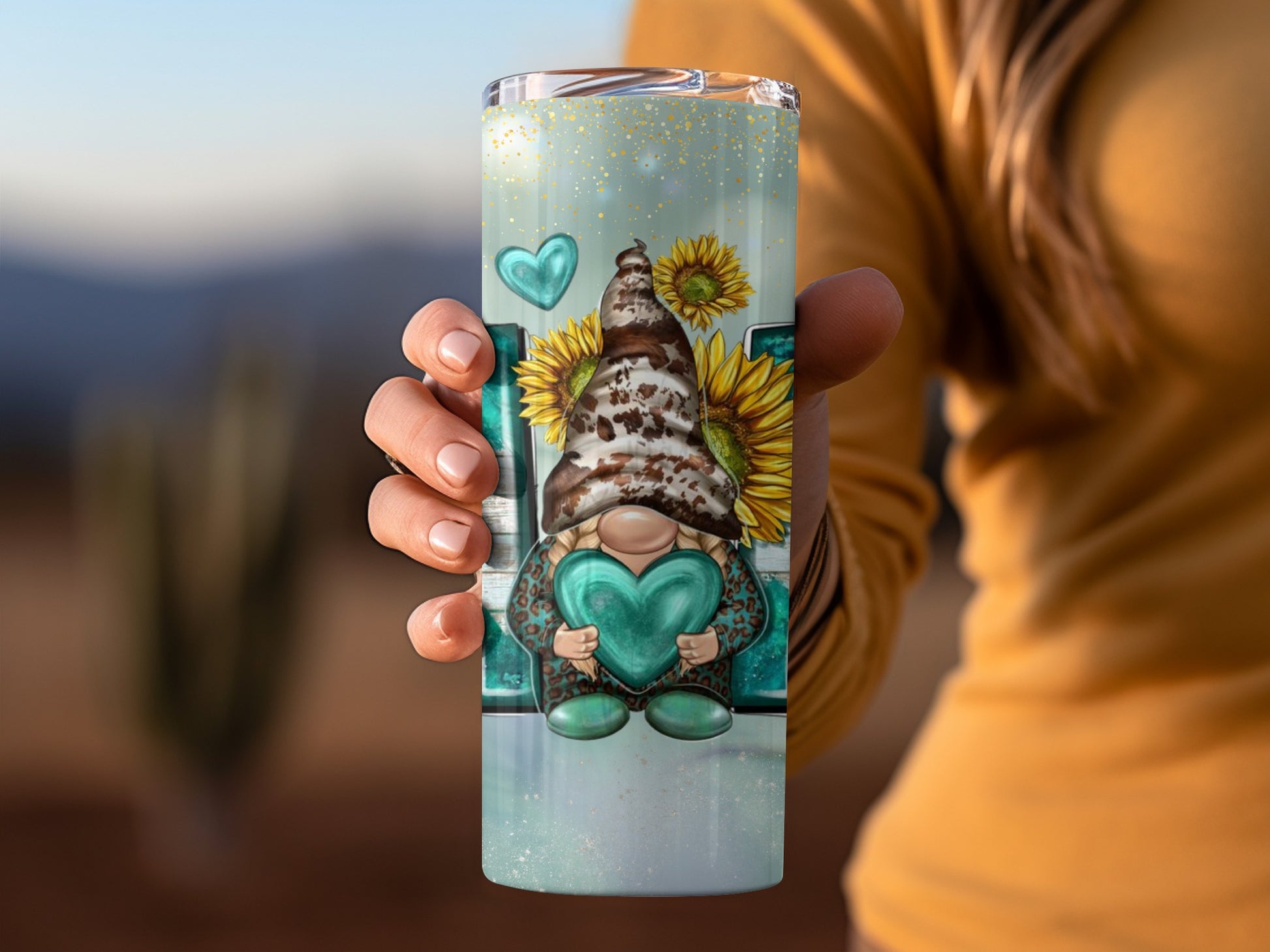 Gnome with Leopard Hat and Sunflowers Design Tumbler Cup