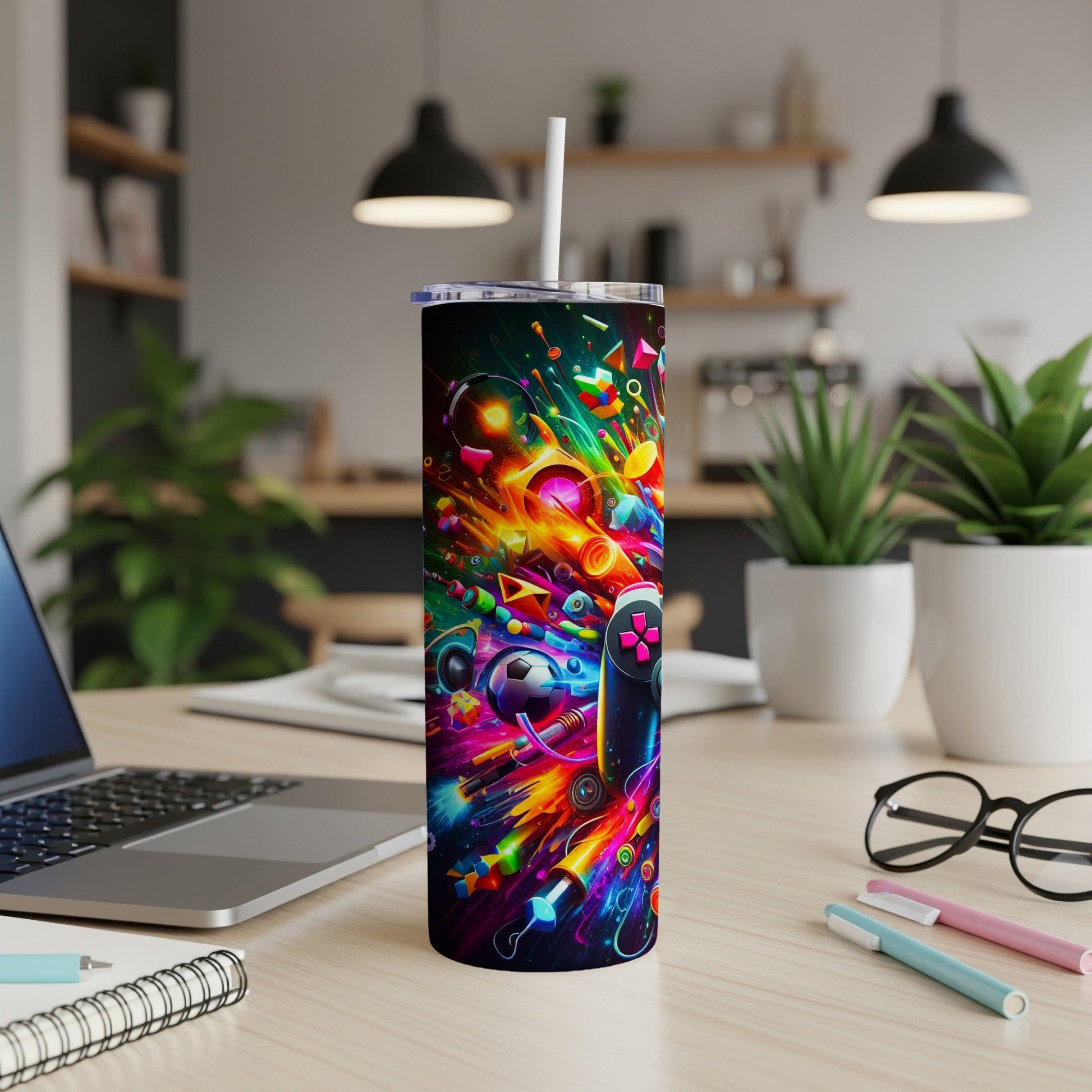 Colorful geometric game controller pattern on a white tumbler.