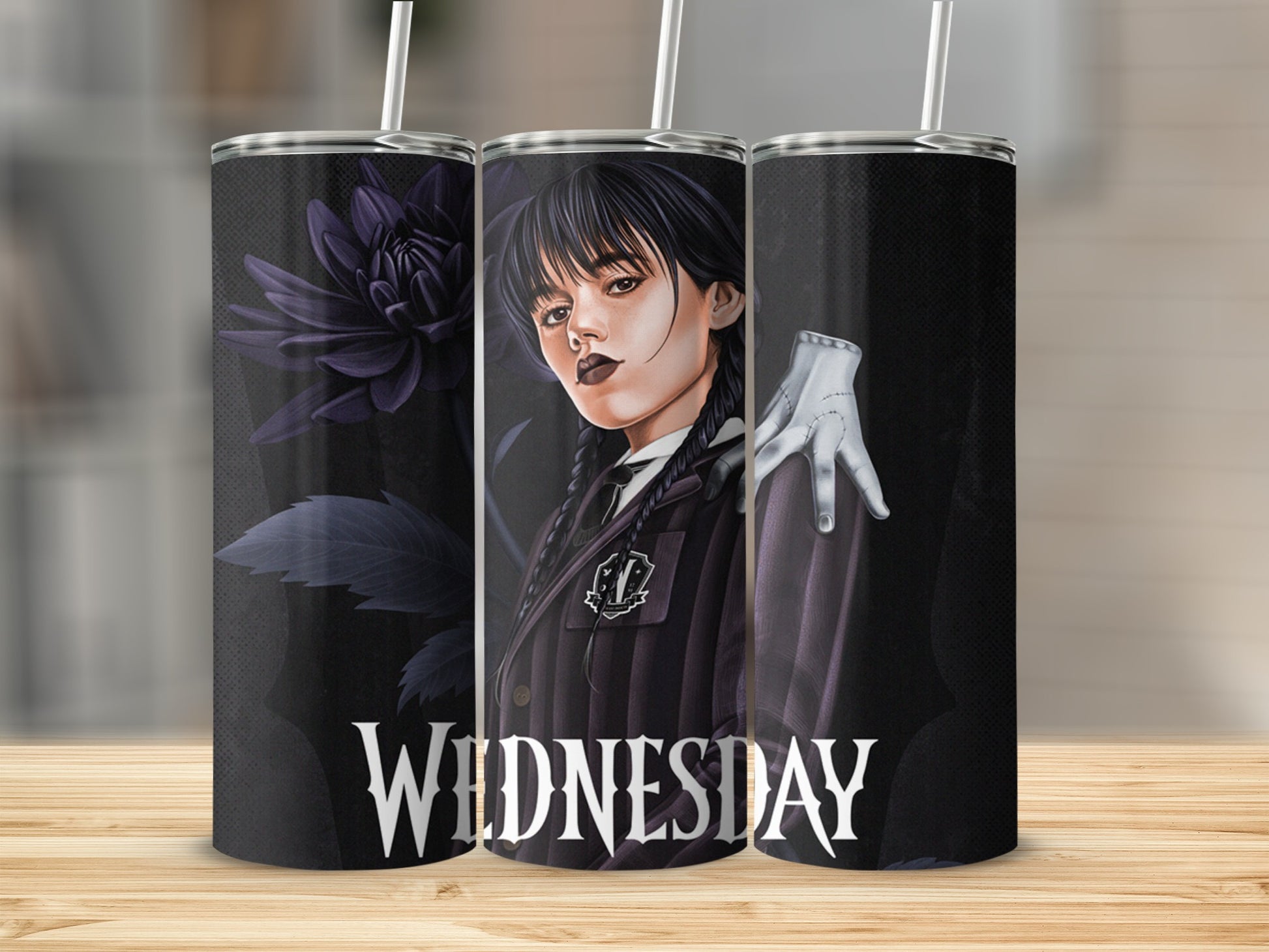 Wednesday Design Black Tumbler with Straw