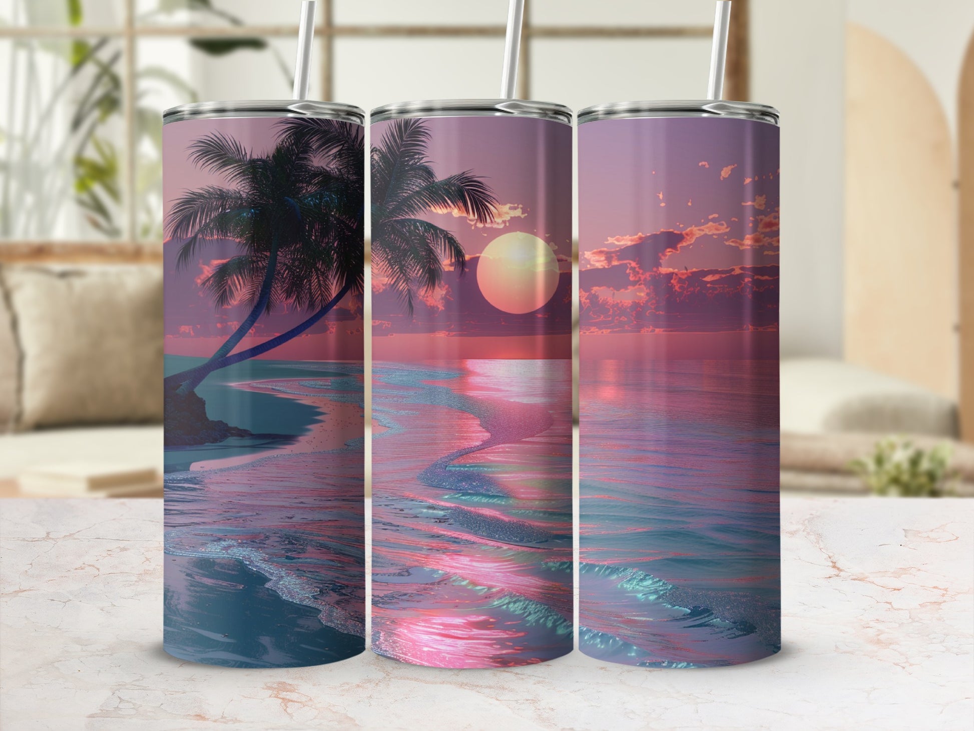 Tropical sunset with palm tree on ocean waves tumbler design.