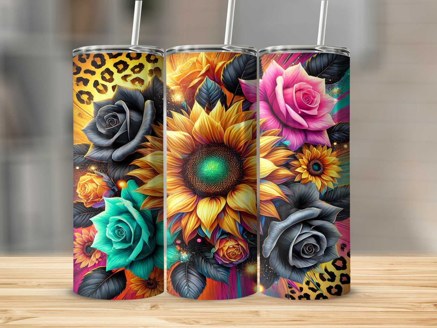 Colorful Sunflower and Rose Floral Design Tumblers