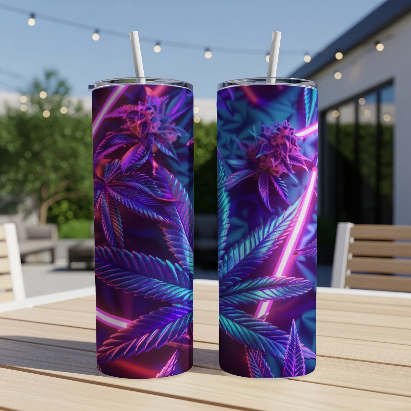Two neon-lit cannabis plants on tumblers on a table outdoors.