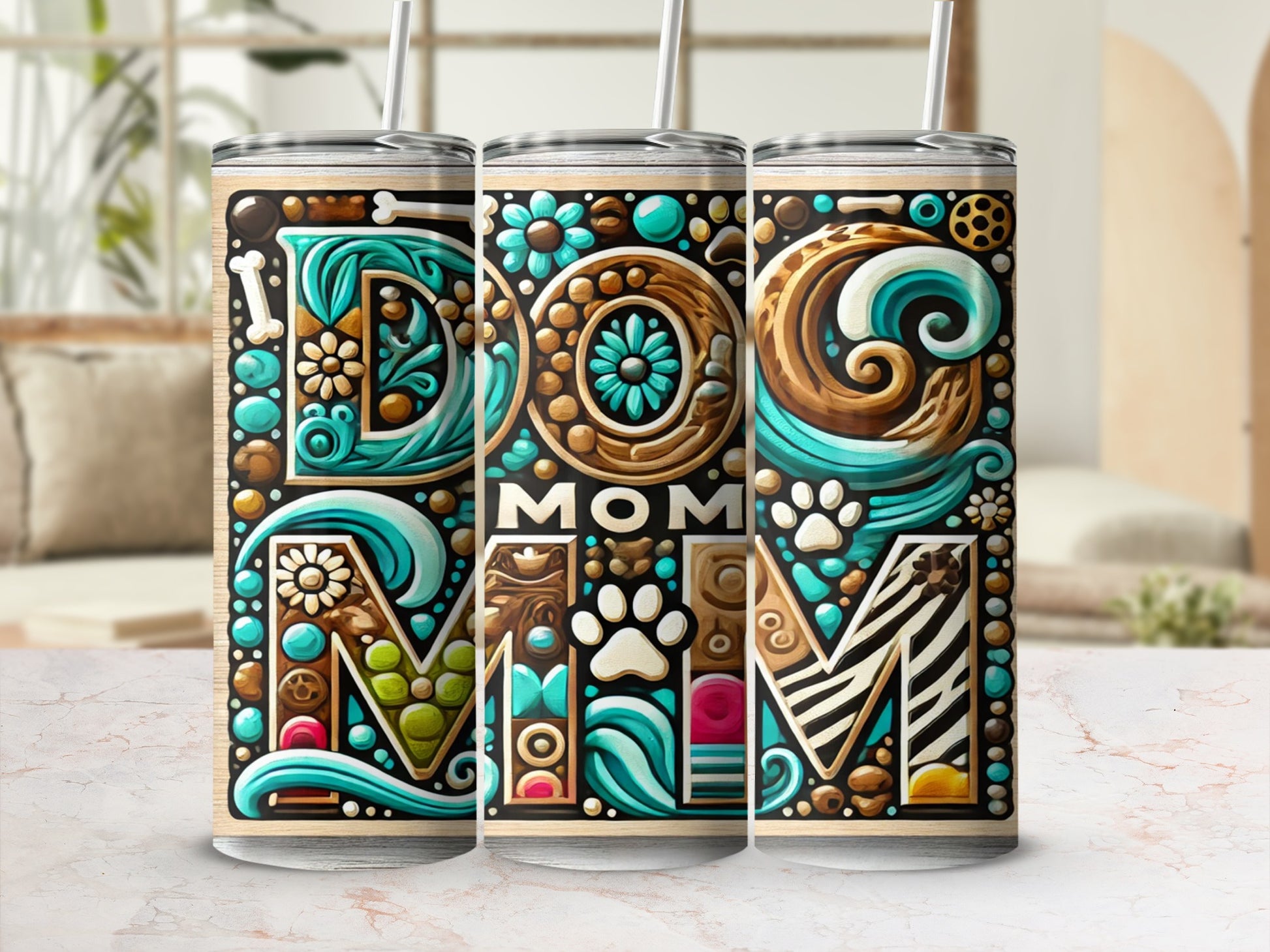 Decorative Dog Mom Tumbler with Colorful Design Artwork