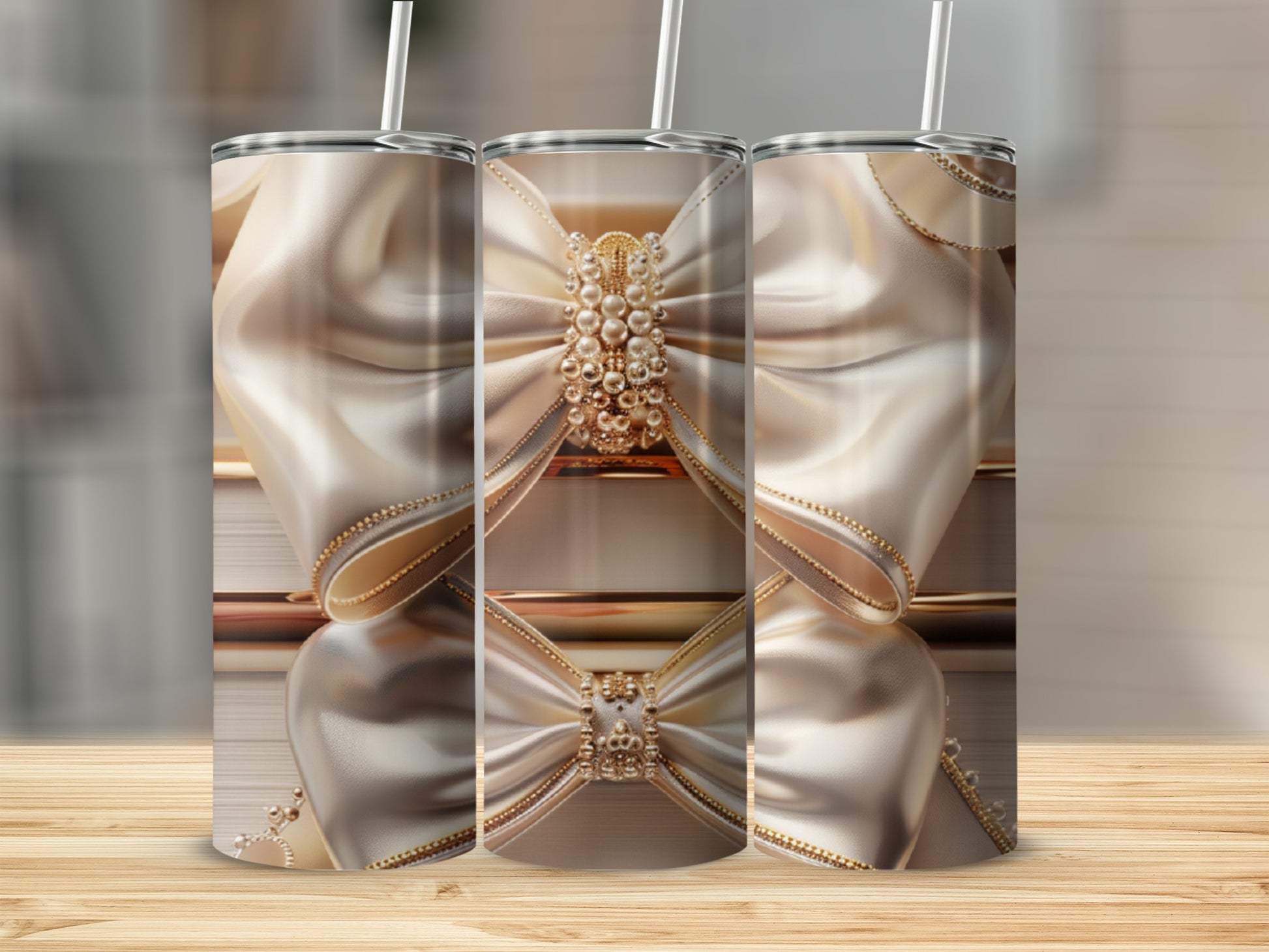 Creamy satin bows with pearl and gold bead embellishments.
