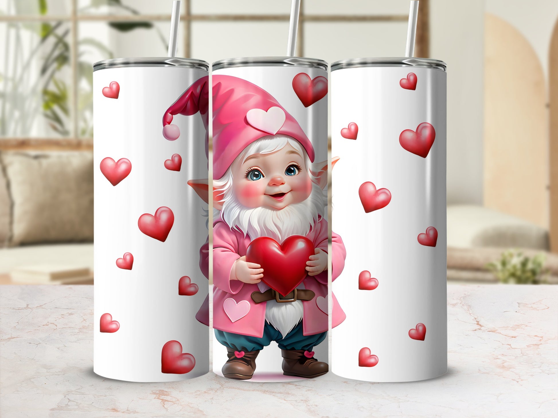 Gnome holding a red heart with scattered hearts on white tumblers.