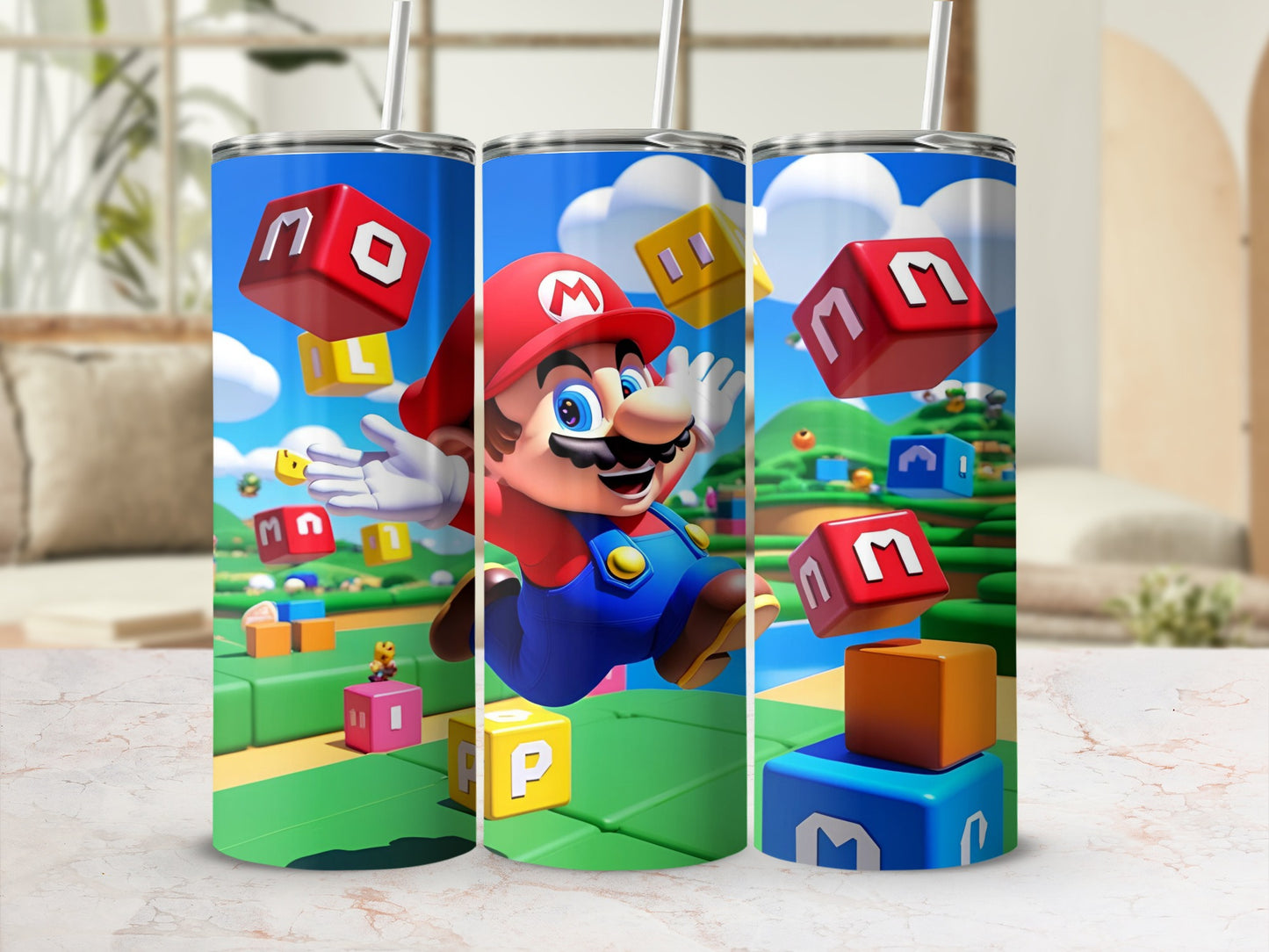 Mario jumping with blocks falling around him.