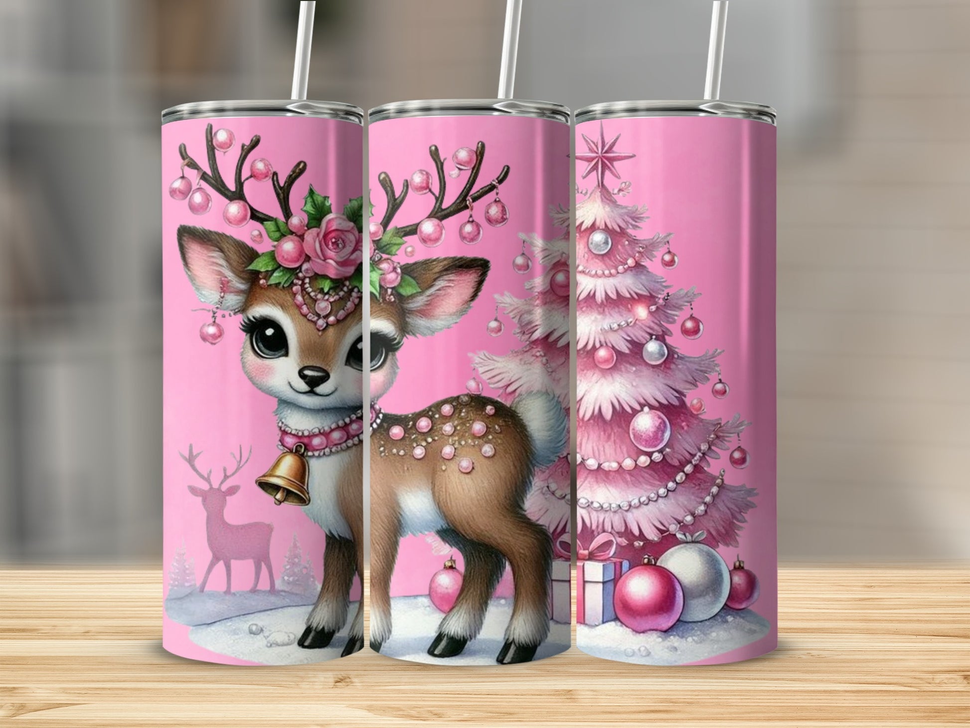 Pink Reindeer and Christmas Tree Design Tumbler Product