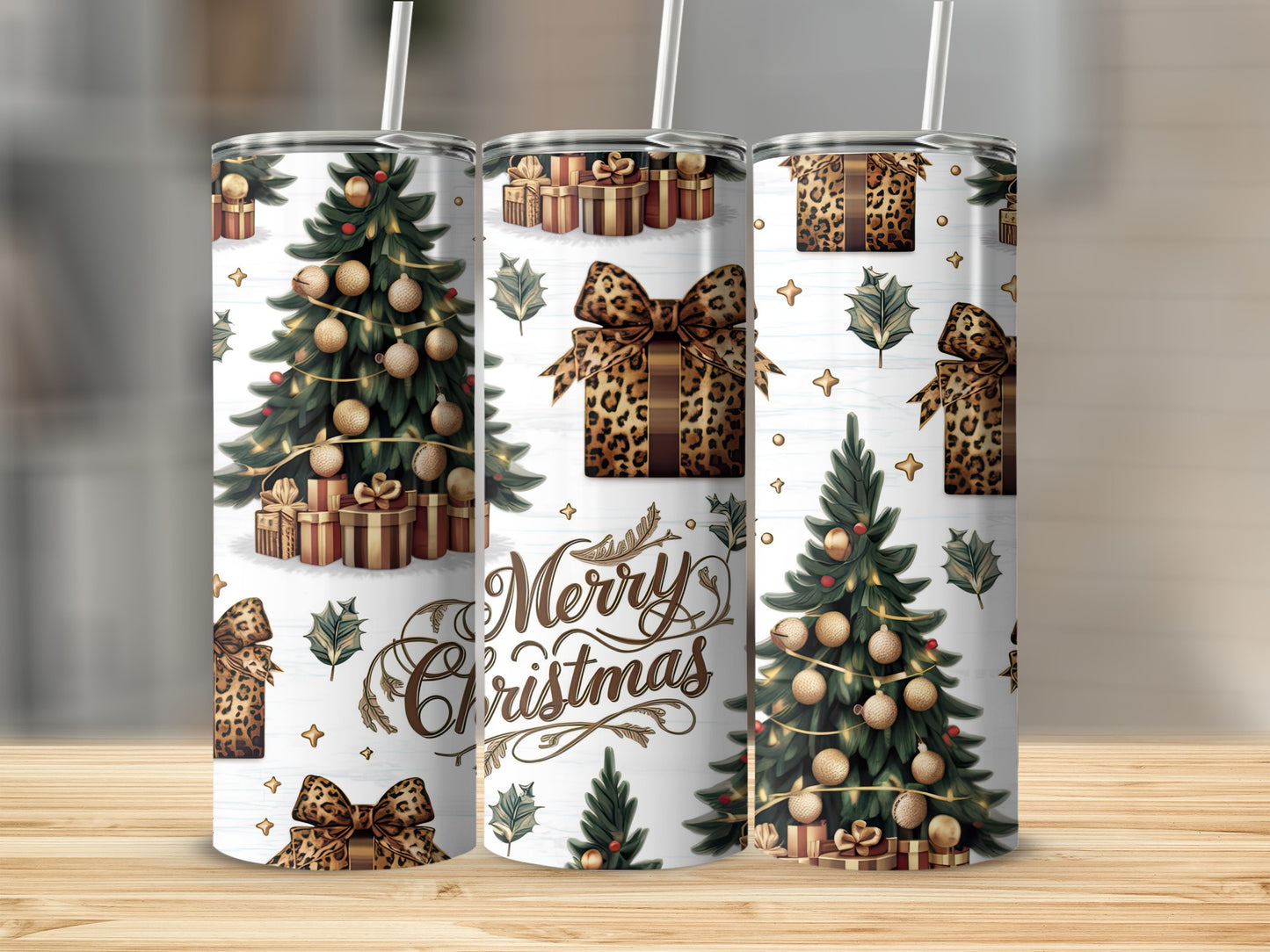 Christmas tree tumbler with leopard print bow and "Merry Christmas" text.