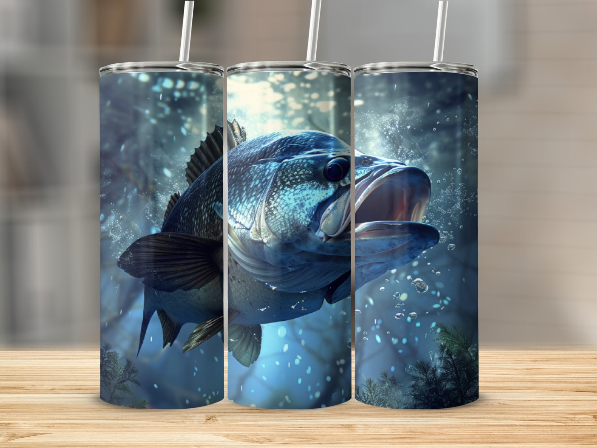 Large mouth bass breaching water with bubbles and foliage.