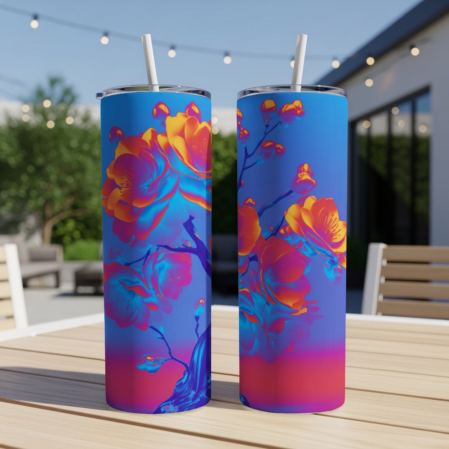 Two colorful tumblers with a floral design on a wooden table.