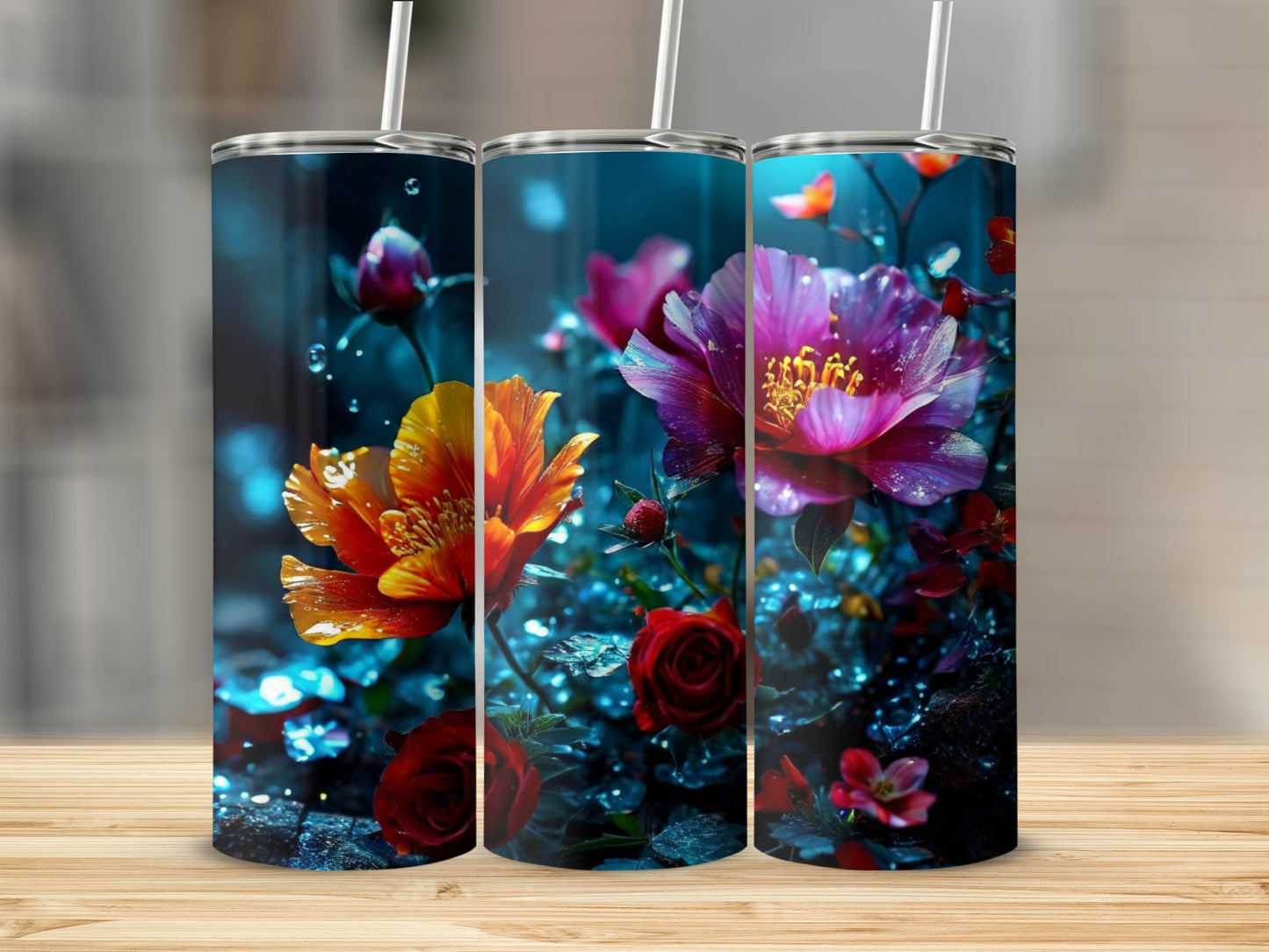 Three tumblers with glowing floral designs on a wooden surface.