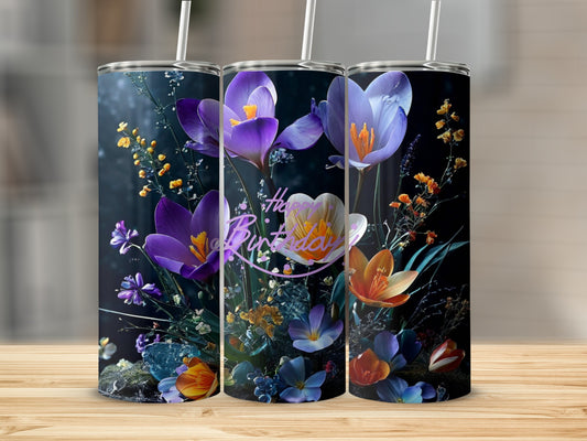Floral tumbler with "Happy Birthday" text and purple and orange flowers.