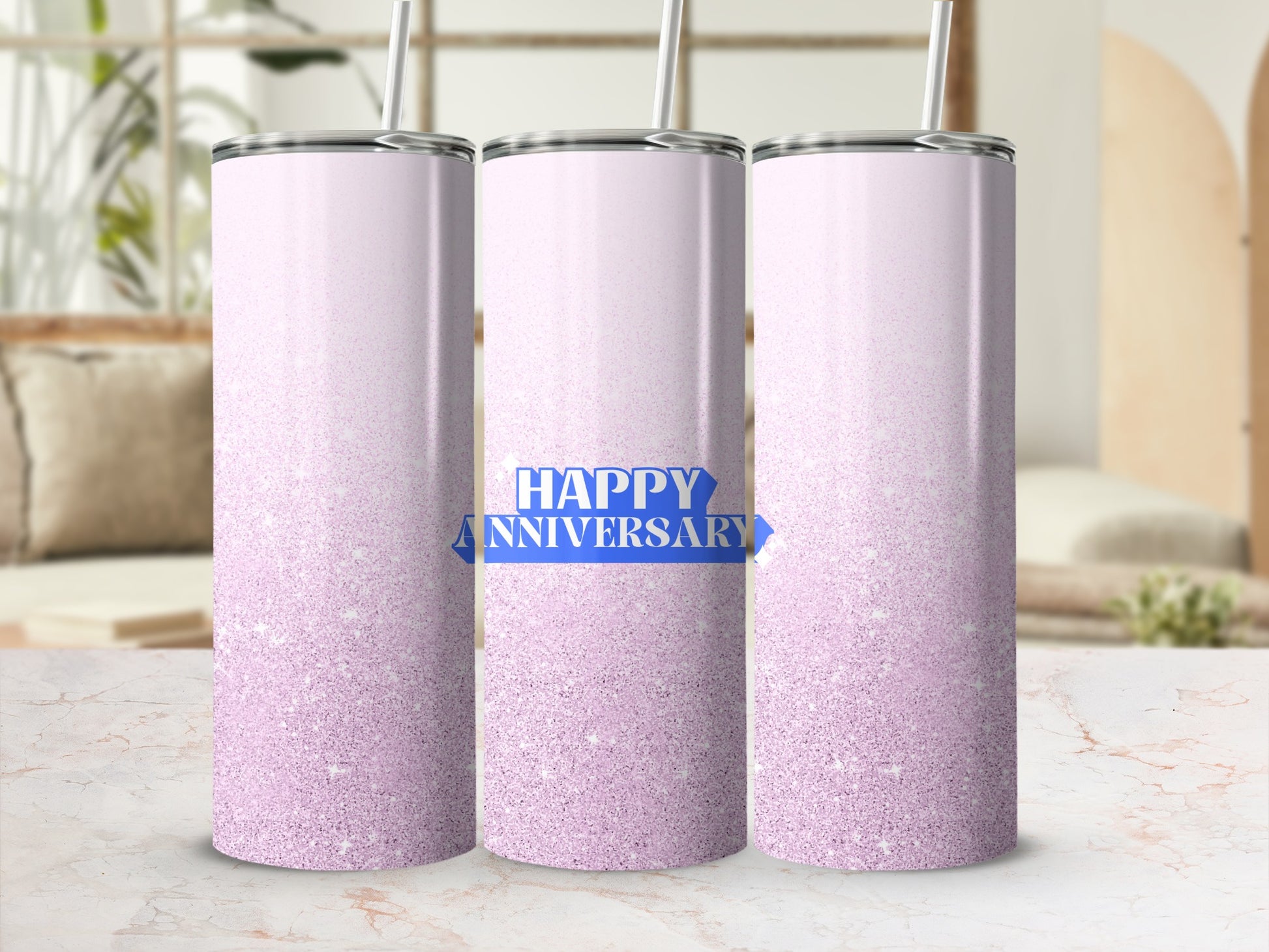 Pink glitter tumbler with "Happy Anniversary" text on a shelf.
