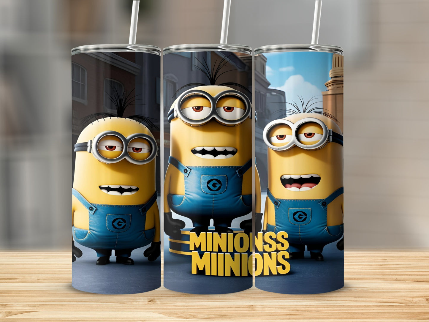 Three cartoon Minions characters in blue overalls, with text "MINIONSS MINIONS".
