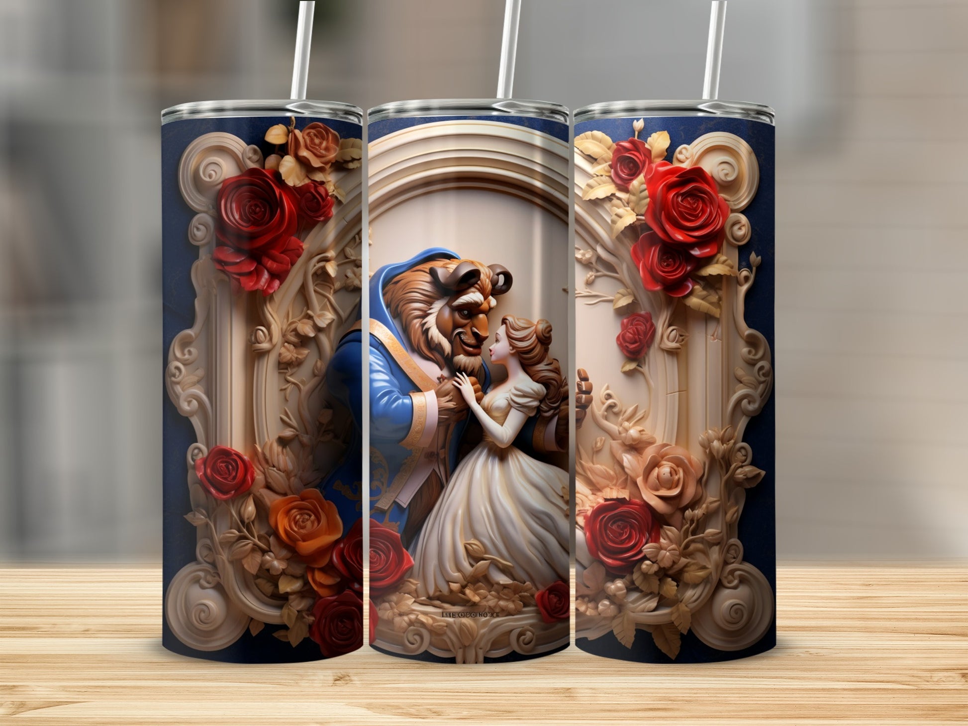 Beauty and her Beast themed tumbler with rose decorations