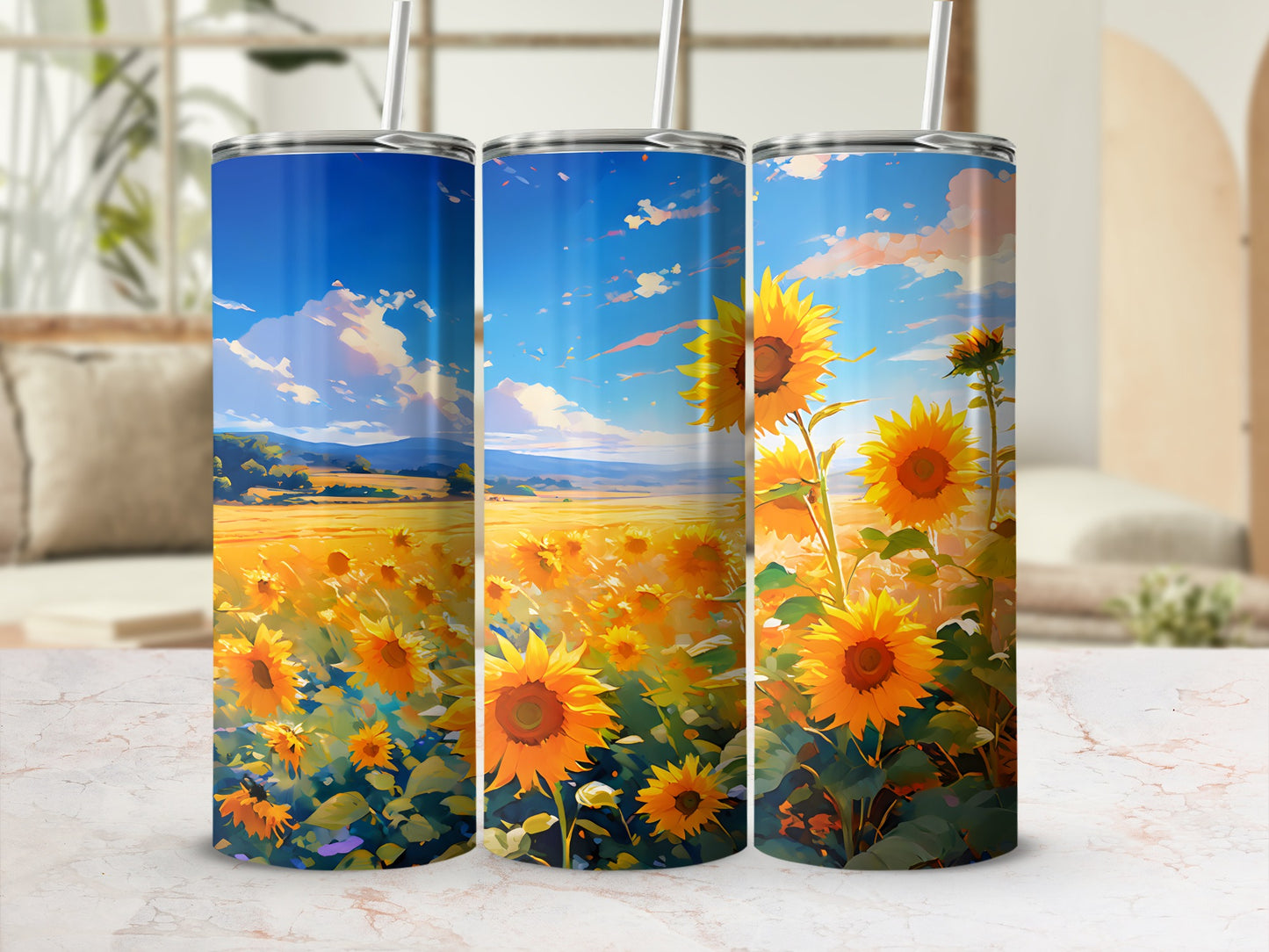 Three tumblers featuring a sunflower field under a blue sky.