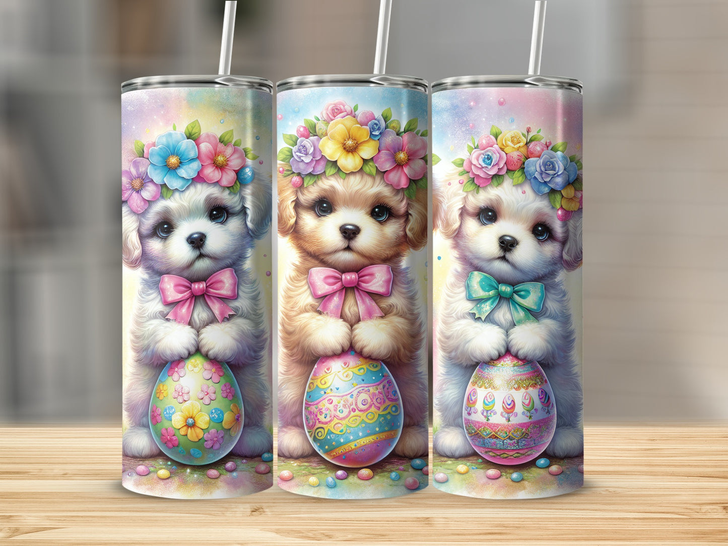 Three puppies wearing flower crowns and bow ties, holding Easter eggs.