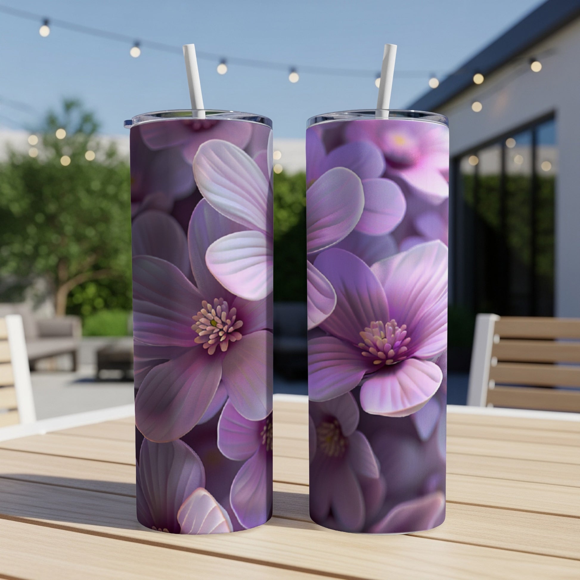 Two purple floral pattern tumblers with straws on a wooden table.