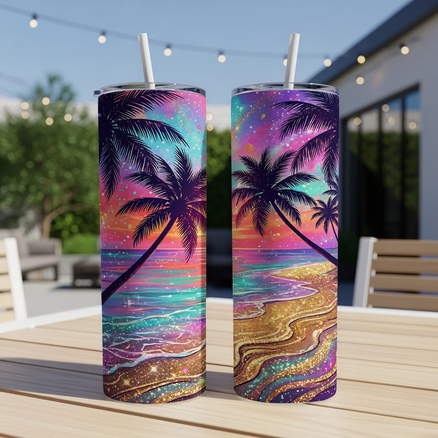 Two tall tumblers with a vibrant sunset beach scene and palm trees.