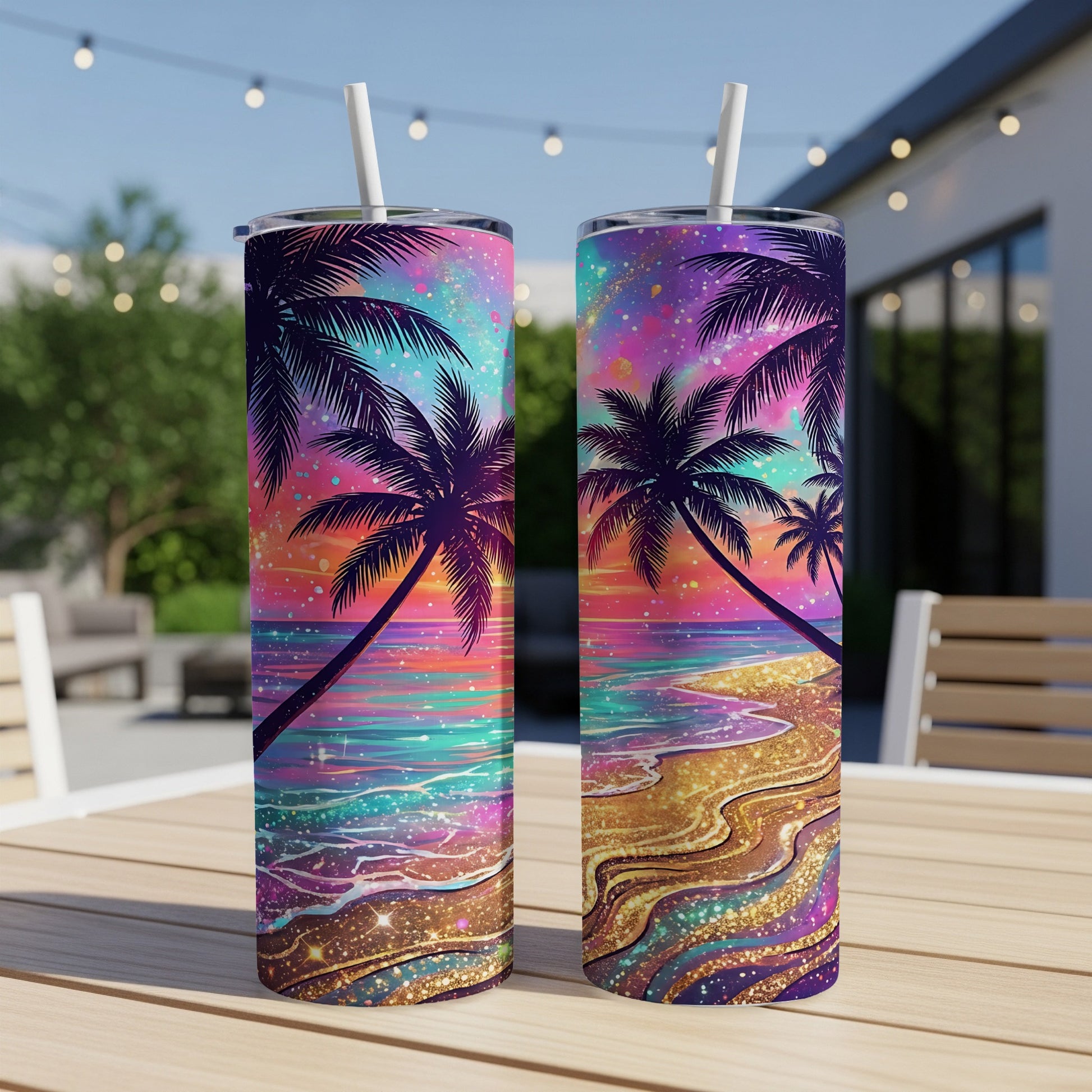 Two tall tumblers with a vibrant sunset beach scene and palm trees.