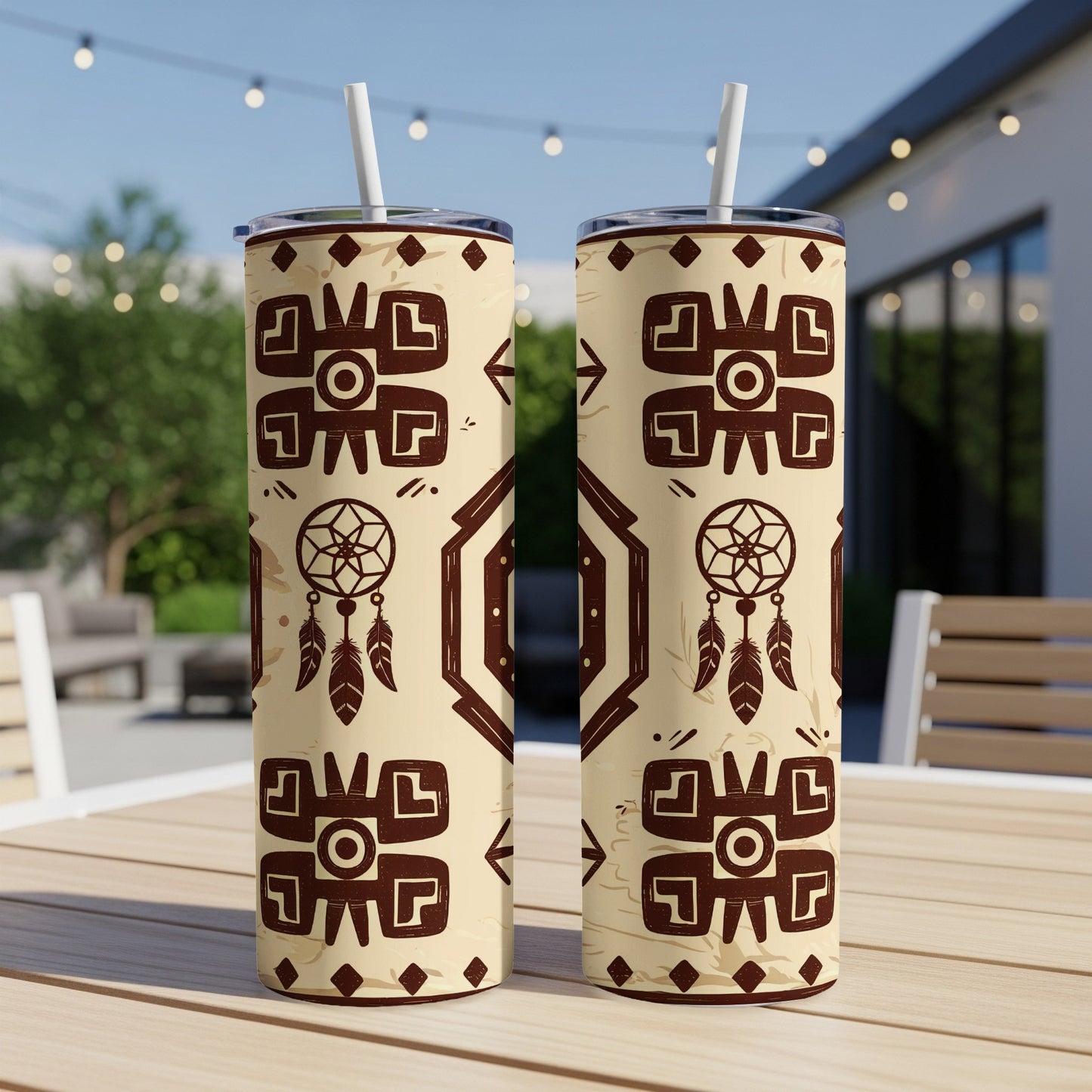Two tall tumblers with a cream background and brown geometric Native American-inspired pattern.