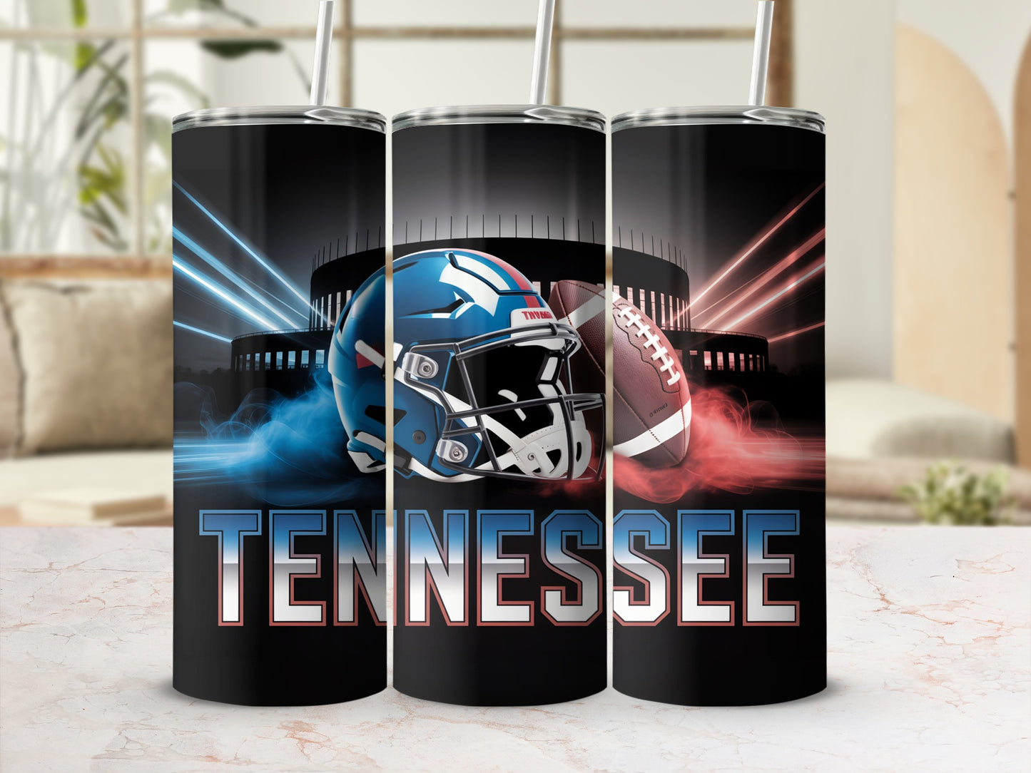 Tennessee football helmet and ball on tumblers with stadium background.