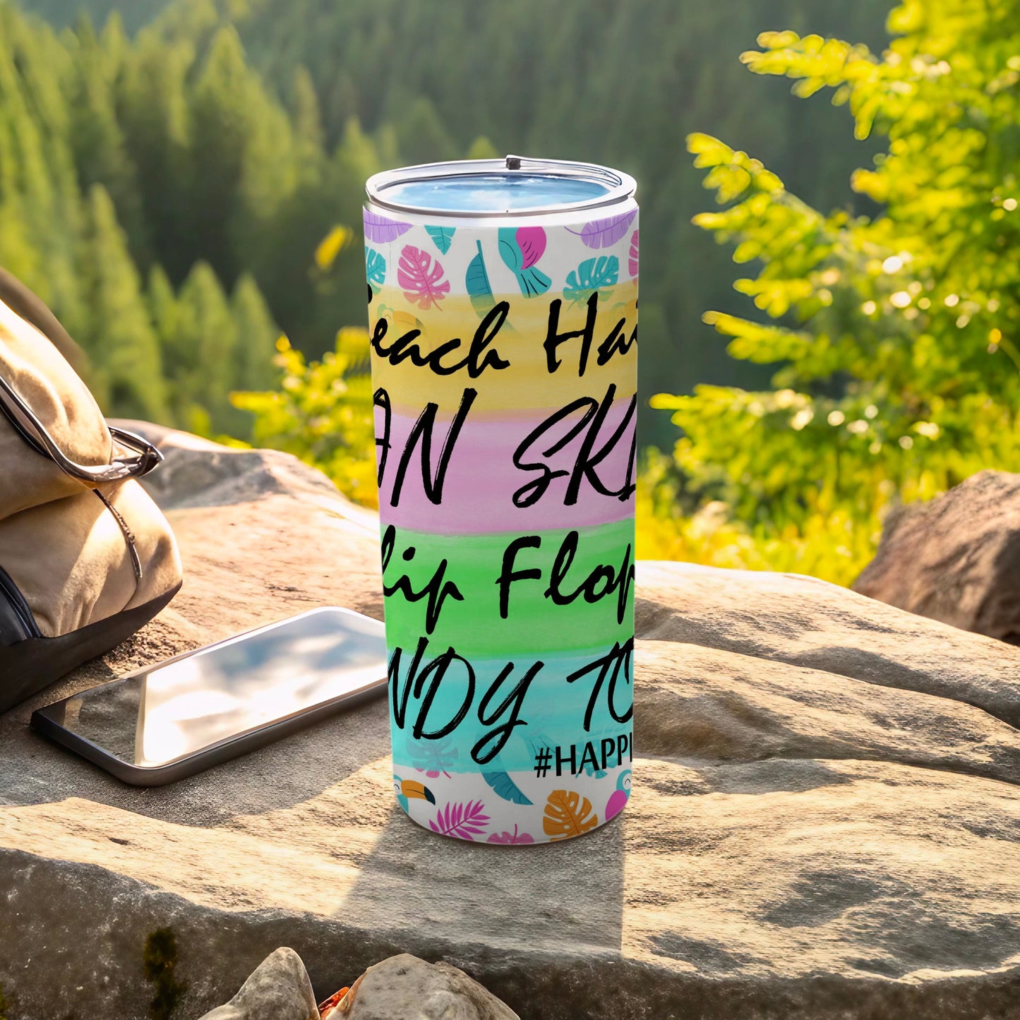 Beach hair, flip flops, and sandy toes tumbler with tropical leaves.