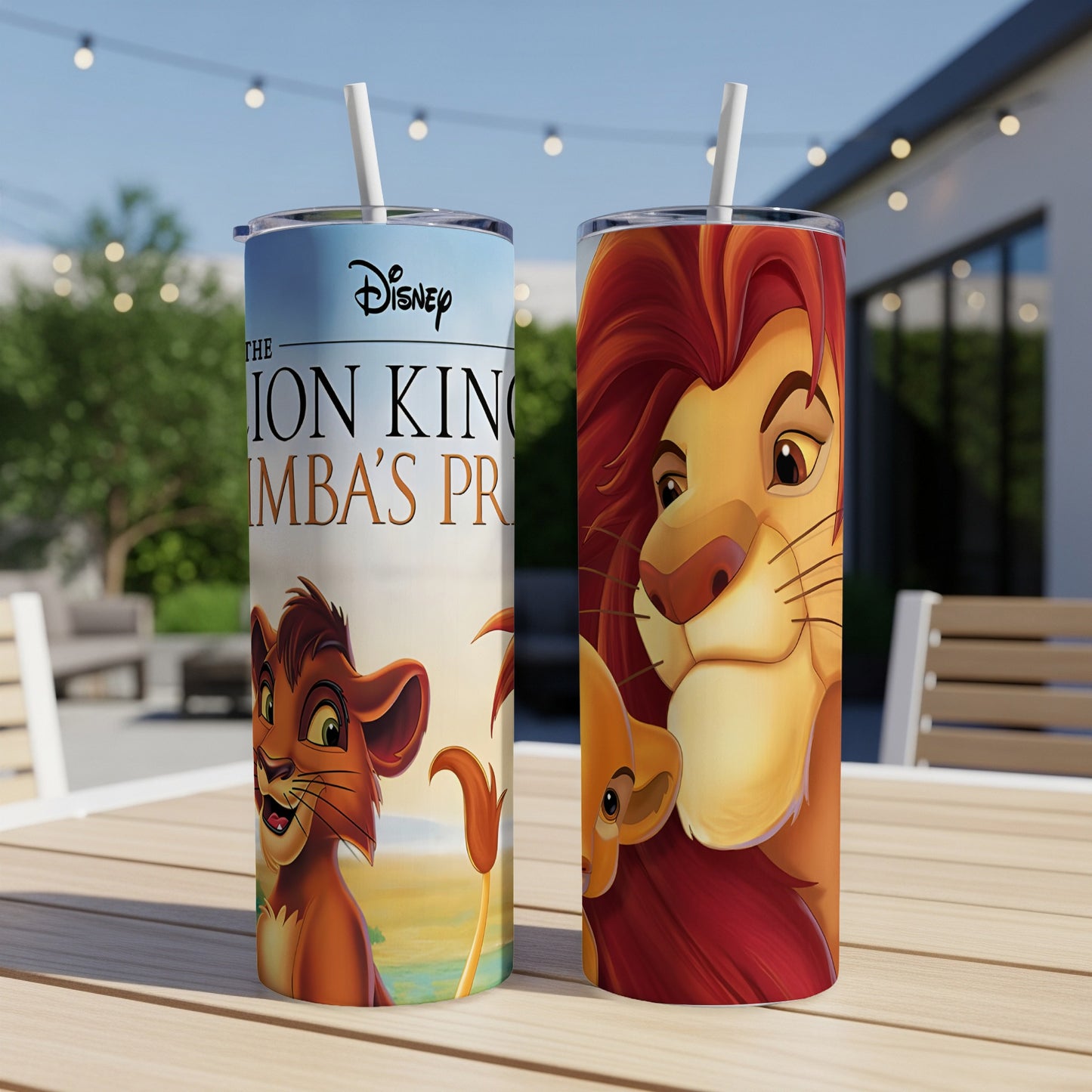 The Lion King's Pride tumbler featuring Simba and Nala on a sunny patio.