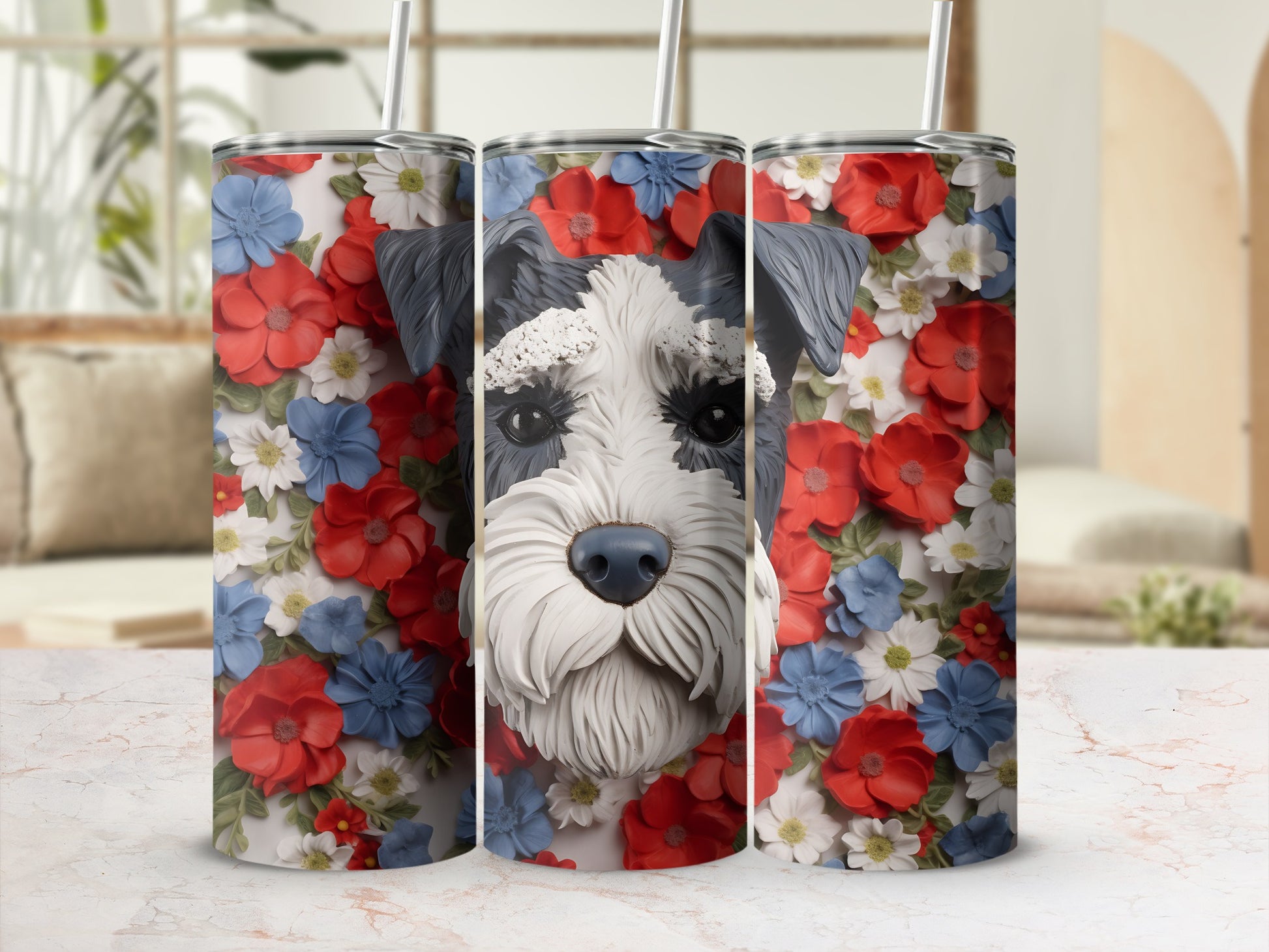Schnauzer dog face and floral pattern on three tumblers.