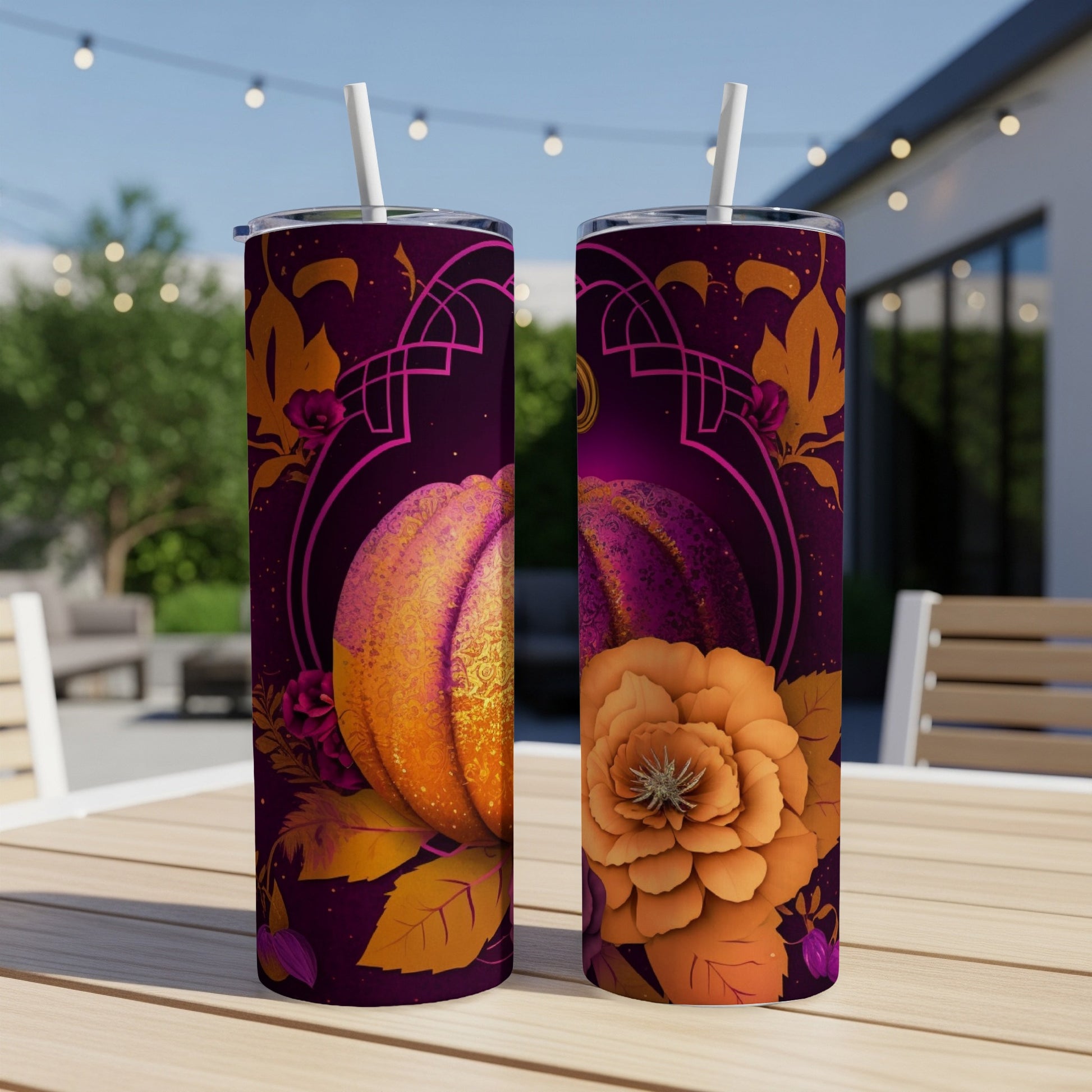 Two tumblers with orange pumpkin and floral designs.