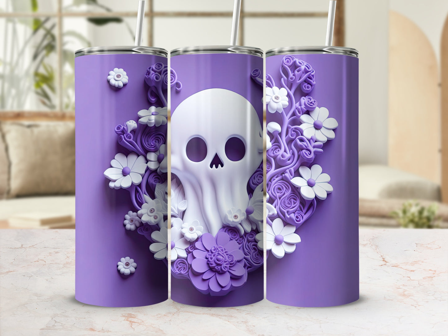 Purple tumbler with a 3D skull and floral design, featuring white and purple flowers.