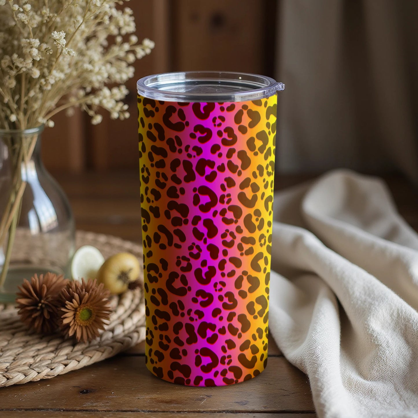 Vibrant Leopard Print Travel Tumbler with Lid Cups