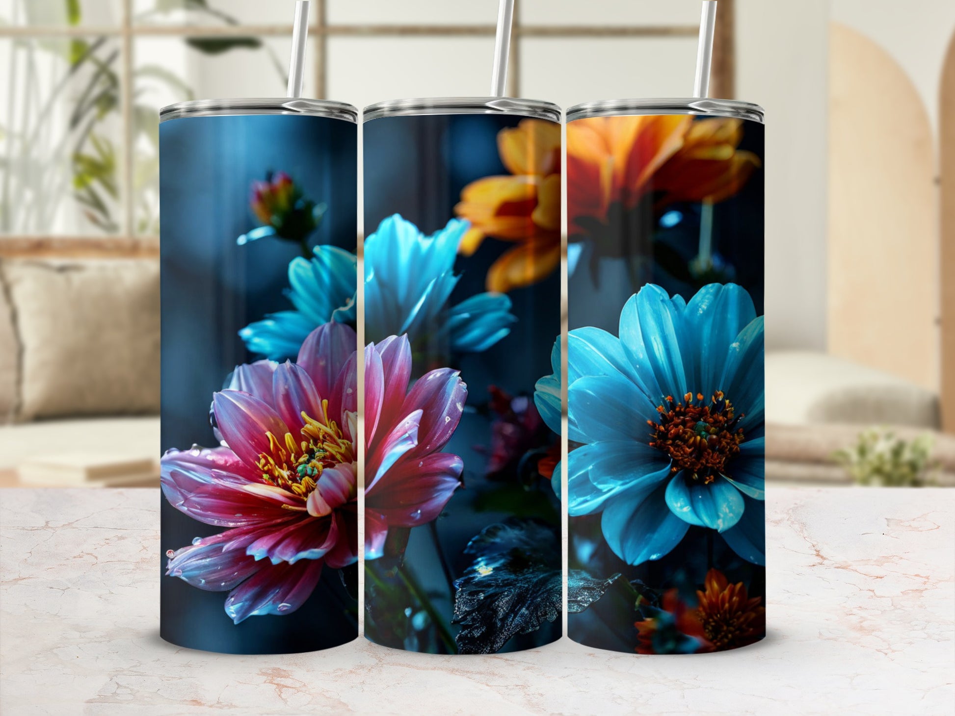 Three tumblers with vibrant floral designs in a light-filled room.