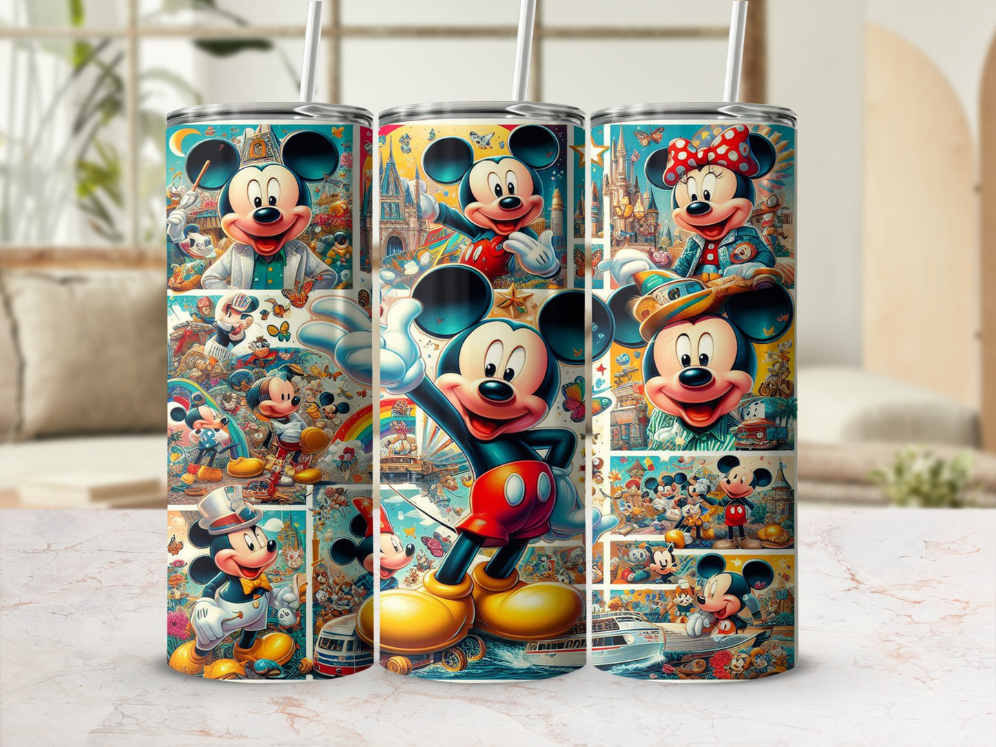 Mickey Mouse collage on three stainless steel tumblers.