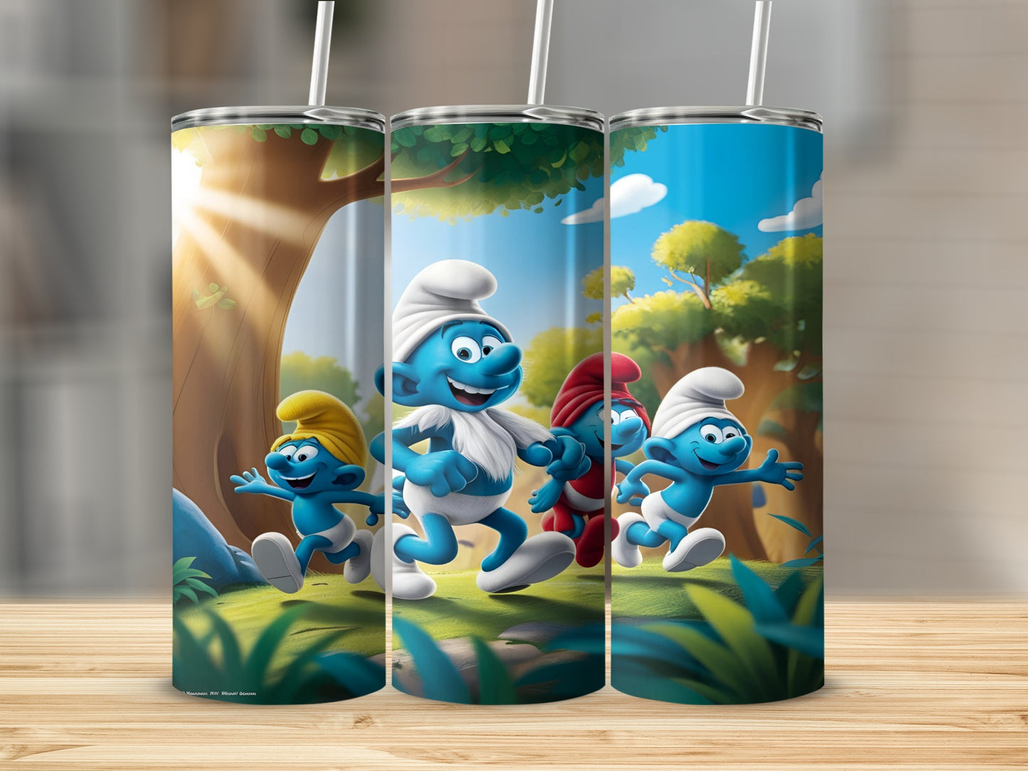 Three Smurfs running through a sunlit forest on a tumbler.