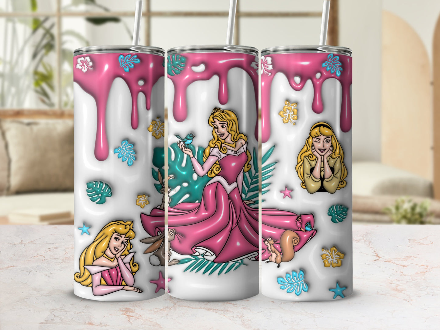 Princess Aurora in a pink dress on three tumblers with floral and squirrel motifs.