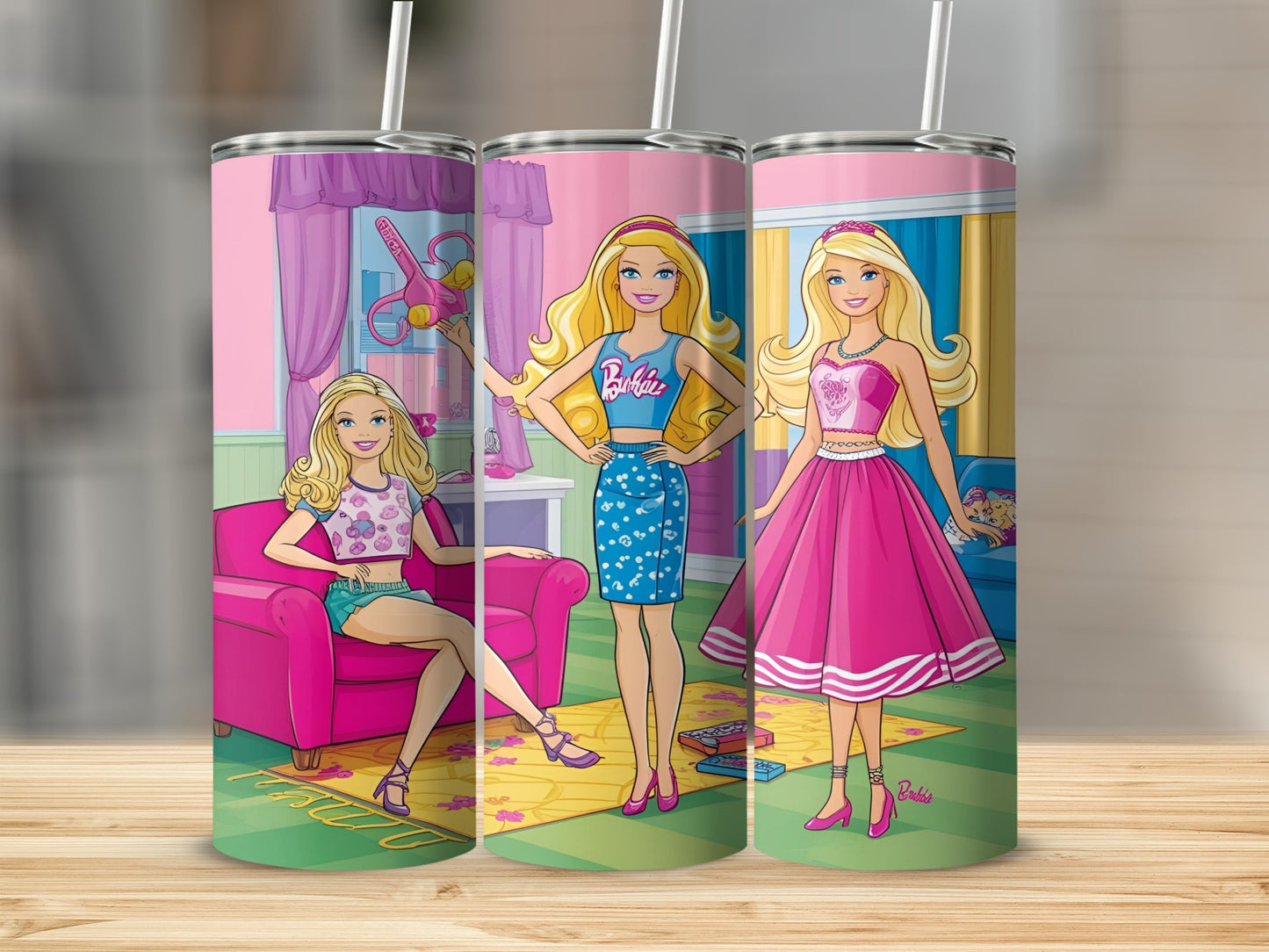 Barbie dolls in pink outfits sit and stand in a room with pink furniture.