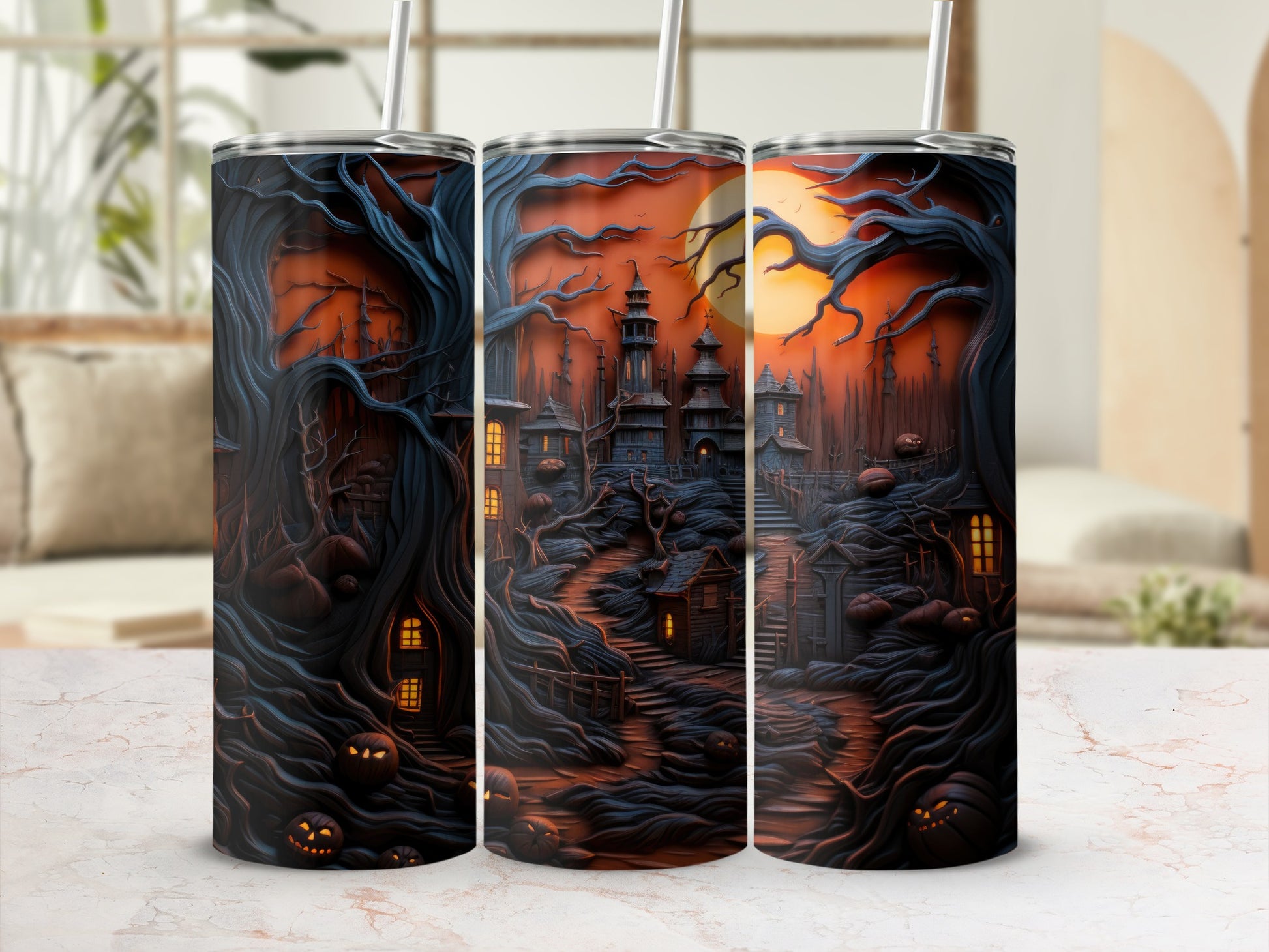 Halloween tumbler with haunted village, spooky trees, and full moon design.