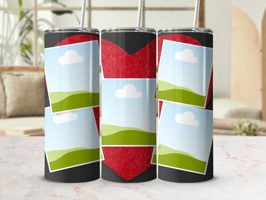 Three tumblers with a red heart design and stacked landscape photo placeholders.