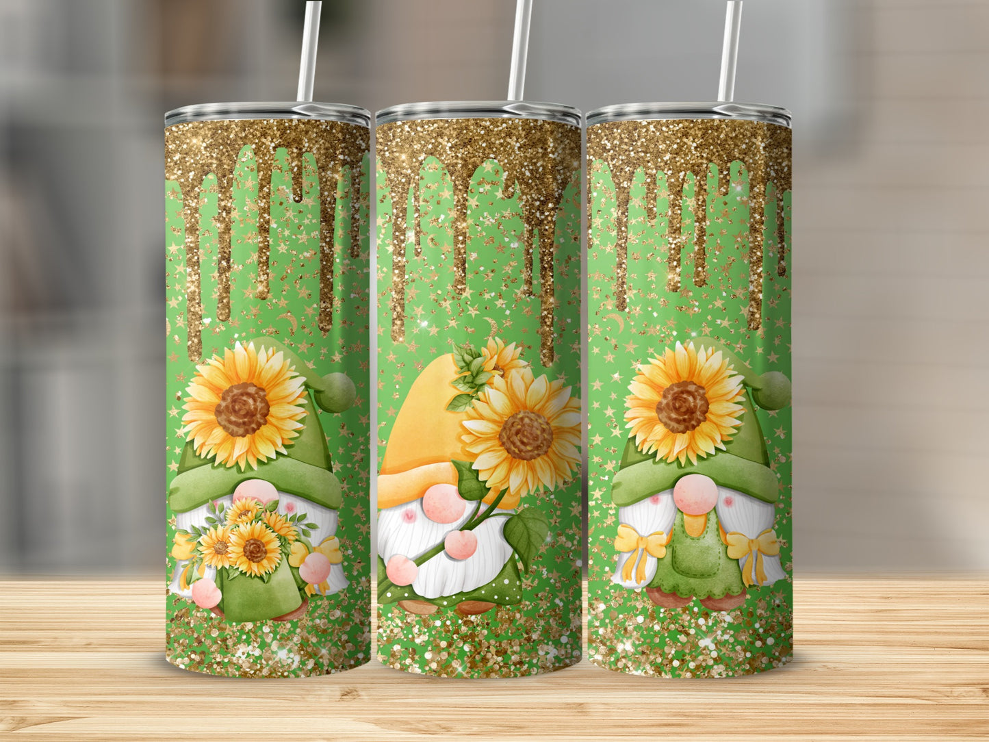 Sunflower Gnome Glitter Green Tumbler with Straw