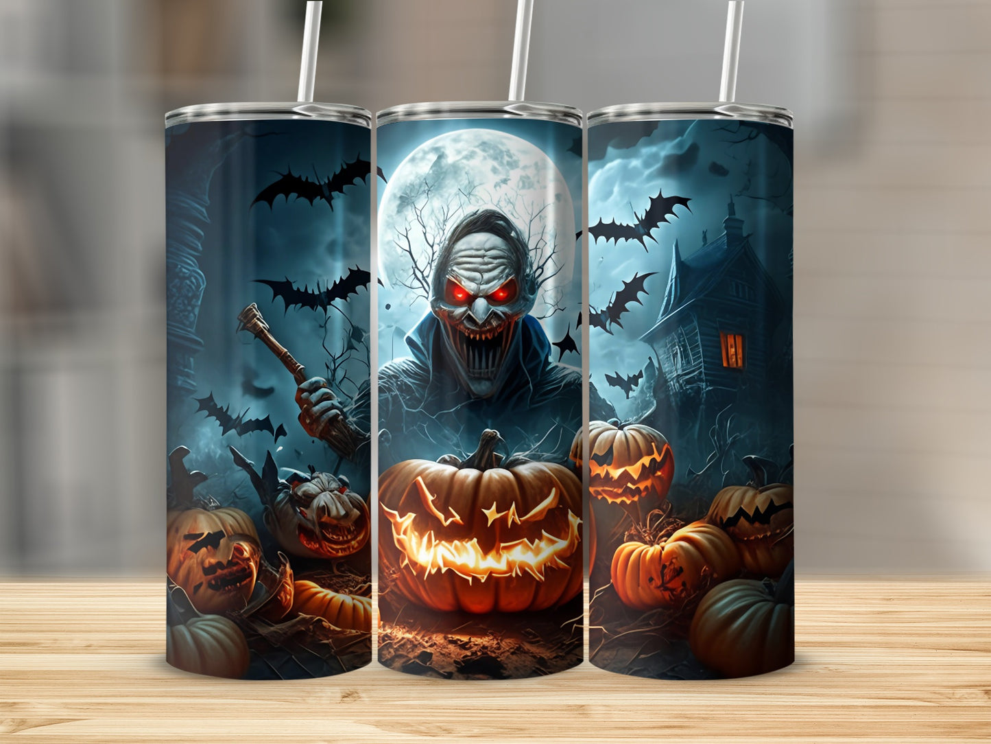 Spooky Halloween Scene with Pumpkins and Bats Tumbler