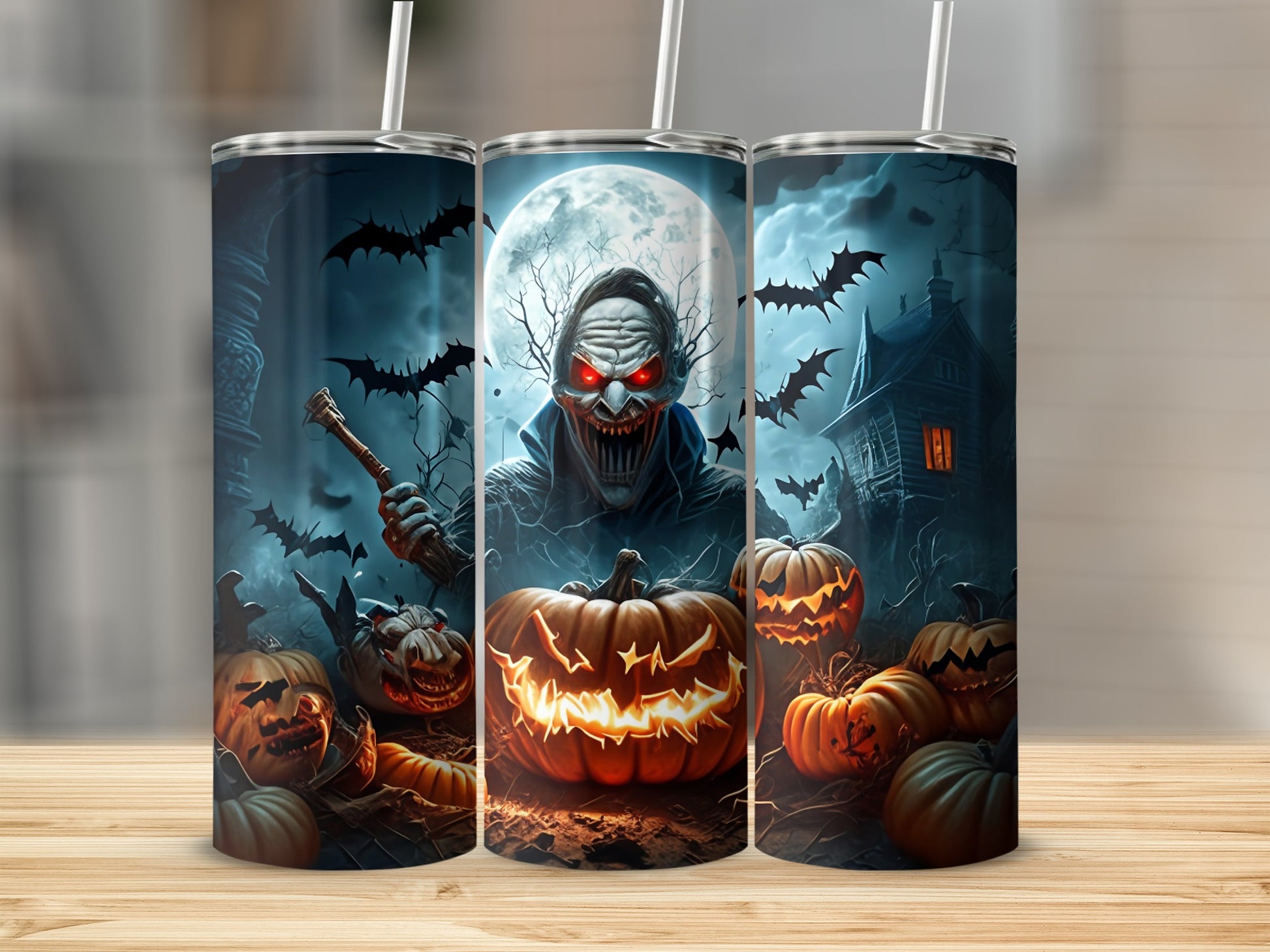Spooky Halloween Scene with Pumpkins and Bats Tumbler