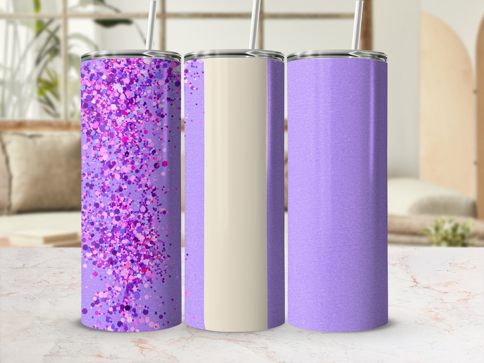 Three glittery purple tumblers with a cream stripe on the middle one.