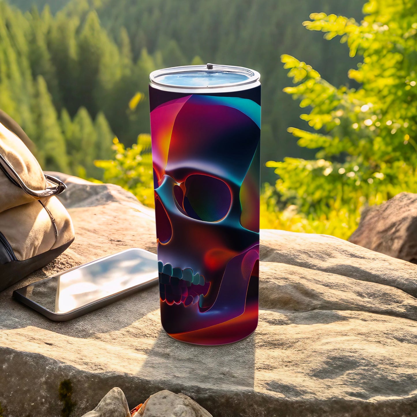 Colorful abstract skull design on a stainless steel tumbler next to a phone.