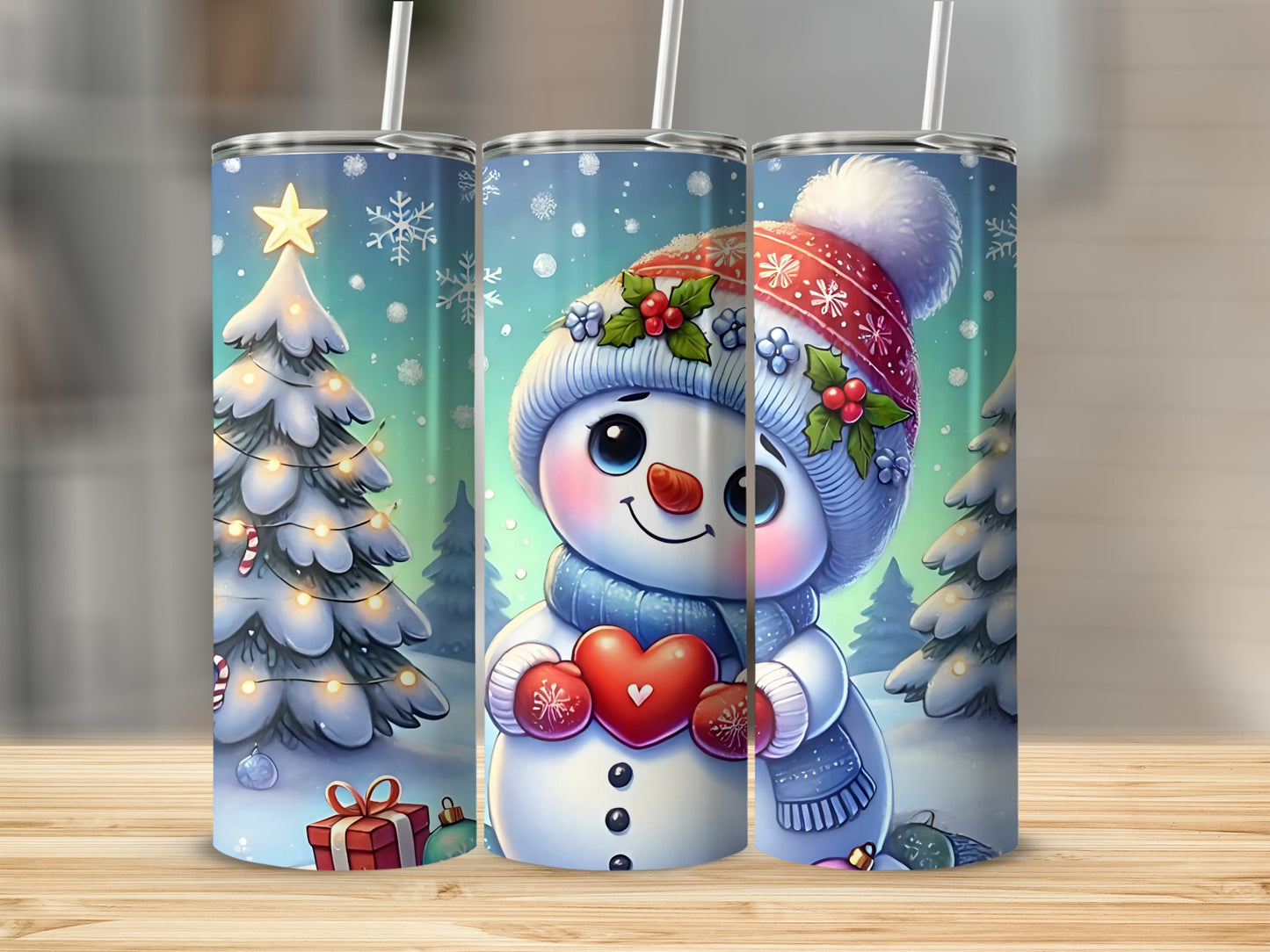 Festive Snowman and Christmas Tree Winter Tumbler